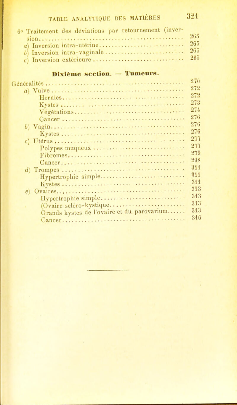 6» Traitement des déviations par retournement (inver- sien 2Gî; n) Inversion intra-utérine 265 b) Inversion intra-vaginale 2Ga c] Inversion extérieure 26J Dixième sccliou. — Tumcm-s. Généralités a) Vulve Hernies Kystes 273 Végétations 274 Cancer - b) Vagin 27G Kystes c) Utérus 277 Polypes muqueux Fibromes 279 Cancer 298 d) Trompes 311 Hypertrophie simple Kystes e) Ovaires '^'^^ Hypertrophie simple 313 (Ovaire scléro-kystique 313 Grands kystes de l'ovaire et du parovarium 313 Cancer 316