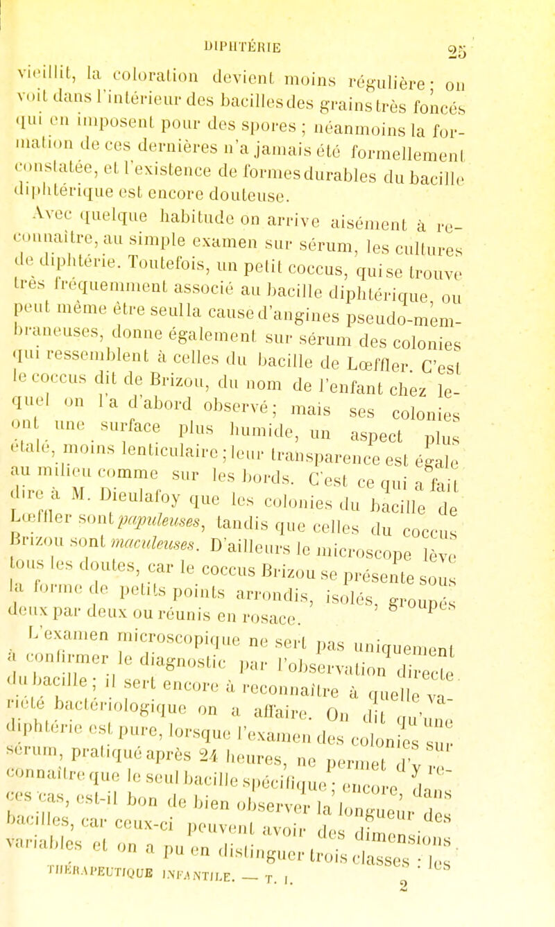 DIPHTÉRIE or: vieillit, la coioralion devient moins régulière • on voit dans l'intérieur des bacillesdes grains très forcés lui en imposent pour des spores ; néanmoins la for- aation de ces dernières n'a jamais été formellement constatée, et l'existence de formes durables du bacille diphtérique est encore douteuse. Avec quelque habitude on arrive aisément à re- oounaitre, au simple examen sur sérum, les cultures de diphtérie. Toutefois, un petit coccus, quise trouve très Irequemment as.socié au bacille diphtérique ou peut même être seulla cause d'angines pseudo-mem- l).-aneuses, donne également sur sérum des colonies <im ressemblent à celles du bacille de Lœffler C'est le coccus dit de Brizou, du nom de l'enfant chez le- quel on 1 a d'abord observé ; mais ses colonies on une surface plus humide, un aspect plu étale, moins lenticulaire ; leur transparence est égale au milieu comme sur les bord.s. C'est ce qui a f-Ul ■re à M. Dieulaloy que les colonies du iZl^t LœmevHnn^pa^^deuses, tandis que celles du coccus Br.zou sont macrdeicses. D'ailleurs le microscope lève ous les doutes, car le coccus Brizou se présente sou la forme de petits points arrondis, isolés, groupés deux par deux ou réunis en rosace ^ L e.xamen microscopique ne seii pas uniquement < eouhrmer le diagnostic par l'observation dir cte du bacille ; Il .sert encore à reconnaître à quell va nete bactériologique on a alfaire. On d t ôn' diphtérie est pure, lorsque l'examen dlî; c onS :: sérum pratiqué après 24 heures, ne permet d't connaître que le seul bacille spécitique enco e V - cas, est-il bon de bien oLrvel la'l^:;;^: bacilles, car ceux-ci peuveni -ivoi,. .1 , TI/Kfi.U'EUTlQUB l.\F.ANTJLE. — T. 1.