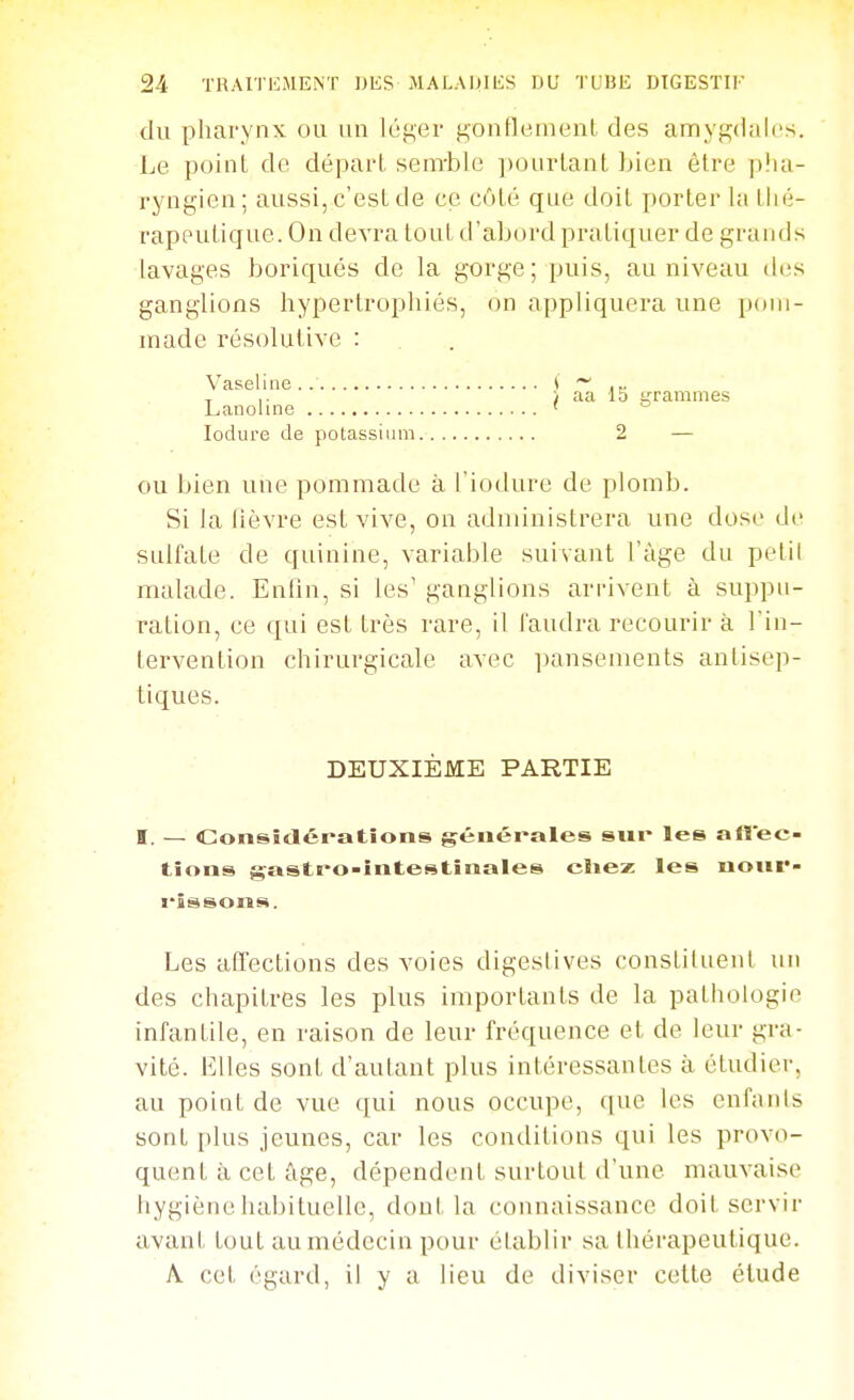 du pharynx ou un lù^^ev fi,onlleinent des amyf^diilcs. Le point de départ senrble i)ourlant bien être p!ui- ryngien; aussi, c'est de ce côté que doit porter la thé- rapeutique. On devra tout d'abord pratiquer de grands lavages boriqués de la gorge; puis, au niveau des ganglions hypertrophiés, on appliquera une poni- inade résolutive : Vaseline . S ~ ,. > aa 15 trrainmes Lanoline ' lodure de potassium 2 — ou bien une pommade à l iodurc de plomb. Si la lièvre est vive, on administrera une dose de sulfate de quinine, variable suivant l'âge du petil malade. Enlîn, si les' ganglions arrivent à suppu- ration, ce qui est très rare, il faudra recourir à l'in- tervention chirurgicale avec ijansements antisep- tiques. DEUXIÈME PARTIE I. — «Considérations générales snr les aflee- tions gastro-intestinales eliez les nonr- l'ïssons. Les affections des voies digeslives constituent un des chapitres les plus importants de la pathologie infantile, en raison de leur fréquence et de leur gra- vité. Elles sont d'autant plus intéressantes à étudier, au point de vue qui nous occupe, que les enfants sont plus jeunes, car les conditions qui les provo- quent à cet âge, dépendent surtout d'une mauvaise hygiène habituelle, dont la connaissance doit servir avant tout au médecin pour établir sa thérapeutique. A cet égard, il y a lieu de diviser cette étude