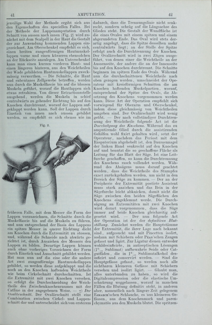 jeweilige Wahl der Methode ergibt sich aus den Eigenschaften des speciellen Falles. Bei der Methode der Lappenamputation durch Schnitt von aussen nach innen (Fig. 2) wird zu- nächst mit dem Scalpell in der Haut die Gestalt der zur Anwendung kommenden Lappen ein- gezeichnet. Am Oberschenkel empfiehlt es sich, einen breiten zungenförmigen Hautmuskel- lappen vorne und einen kürzeren ebensolchen an der Rückseite anzulegen. Am Unterschenkel kann man einen kurzen vorderen Haut- und einen längeren hinteren, aus den Weichtheilen der Wade gebildeten Hautmuskellappen zweck- mässig verwerthen. — Die Schnitte, die Haut und subcutanes Zellgewebe betreffen, werden nun durch die Muskelfascie bis auf die blossen Muskeln geführt, worauf die Hautlappen sich etwas retrahiren. Von dieser Retractionsstelle ausgehend, werden die Muskeln in schief centralwärts zu gehender Richtung bis auf den Knochen durchtrennt, worauf der Lappen auf- geklappt werden kann. Soll der Lappen durch Einstich von innen nach aussen gebildet werden, so empfiehlt es sich ebenso wie im Fig. 2. früheren Falle, mit dem Messer die Form der Lappen vorzuzeichnen, die Schnitte durch die Muskelfascie bis auf die Muskeln zu führen, und nun entsprechend der Basis des Lappens ein spitzes Messer in querer Richtung dicht am Knochen durch die Extremität zu stossen, und, während die Schneide nach abwärts ge- richtet ist, durch Ausziehen des Messers den Lappen zu bilden. Derartige Lappen können auch ohne vorheriges Vorzeichnen der Form durch Einstich und Ausschnitt gebildet werden. Hat man nun auf die eine oder die andere Art zwei zungenförmige Hautmuskellappen gebildet, so werden diese aufgeklappt und die noch an den Knochen haftenden Weichtheile wie beim Cirkelschnitt durchschnitten. Ist die Extremität mit zwei Knochen versehen, so erfolgt die Durchschneidung der Weich- theile des Zwischenknochenraumes mit der Catline in der angegebenen Weise. — y) Der Ovalärschnitt. Der Ovalärschnitt stellt eine ('ombination zwischen Cirkel- und Lappen- schnitt dar und unterscheidet sich v on ersterem dadurch, dass die Trennungslinie nicht senk- recht, sondern schräg auf die Längsachse des Gliedes steht. Die Gestalt der Wundfläche ist die eines Ovales mit einem spitzen und einem abgerundeten Ende. Das Oval wird stets der- artig angelegt, dass die Spitze desselben mehr centralwärts liegt; an der Stelle der Spitze erfolgt auch die Durchtrennung der Knochen. Der Ovalärschnitt wird in zwei Zügen ausge- führt, von denen einer die Weichtheile an der Aussenseite, der andere die an der Innenseite bis auf den Knochen durchtrennt. Die Schnitte beginnen im spitzen Ende des Ovals. Während nun die durchschnittenen Weichtheile nach oben gezogen werden, umschneidet der Ope- rateur mit kreisförmigen Schnitten die am Knochen haftenden Muskelpartien, wrorauf, entsprechend der Spitze des Ovals, die Ab- setzung des Knochens vorgenommen werden kann. Diese Art der Operation empfiehlt sich vorwiegend für Oberarm und Oberschenkel, indem diese gleichmässig von Weichtheilen umgeben sind. Der Ovalärschnitt wird wenig geübt. — Der nach vollständiger Durchtren- nung der Weichtheile folgende Act ist die Durchsägung des Knochens. Während das zu amputirende Glied durch die assistirenden Gehilfen wohl fixirt gehalten wird, setzt der Operateur, nachdem das Periost mit dem Raspatorium abgehebelt ist, den Daumennagel der linken Hand senkrecht auf den Knochen auf und benutzt die so geschaffene Fläche als Leitung für das Blatt der Säge. Ist eine Leit- furche geschaffen, so kann die Durchtrennung des Knochens rasch vollendet werden. Wäh- rend des Absägens muss darauf geachtet werden. dass die Weichtheile des Stumpfes exact zurückgehalten werden, um nicht in den Bereich der Säge zu kommen. — Der an der Peripherie der Extremität postirte Assistent muss stark anziehen und das Bein in der Sägefurche leicht abknicken, damit nicht die Säge zwischen den beiden Sägeflächen des Knochens eingeklemmt werde. Die Durch- sägung an Extremitäten mit zwei Knochen wird derart vorgenommen, dass die Säge immer auf beide Knochen gleichzeitig auf- gesetzt wird. — Der nun folgende Act der Operation ist der der definitiven Blut- stillung. Zunächst werden die Hauptstämme der Extremität, die ihrer Lage nach bekannt sind, aufgesucht und mit Pincetten isolirt, sodann mit Schiebern oder Peax’sehen Zangen gefasst und ligirt. Zur Ligatur dienen entweder wohldesinficirte. in antiseptischen Lösungen (1 °/ort Sublimat) aufbewahrte Seide oder Cat- gutfäden , die in l°/00 Sublimatalkohol des- inficirt und conservirt werden. — Sind die Hauptgefässe gefasst, so werden noch alle sichtbaren kleineren Gefässe mit Schiebern versehen und isolirt ligirt. — Glaubt man, alles unterbunden zu haben, so wird die Digitalcompression oder die elastische Um- schnürung weggelassen. worauf in manchen Fällen die Blutung definitiv steht, in anderen aber, namentlich nach längere Zeit gelegenem EsMARCH’schen Schlauche, es aus kleineren Ge- fässen, aus dem Knochenmark und paren- chymatös aus den Muskeln blutet. Die spritzen-