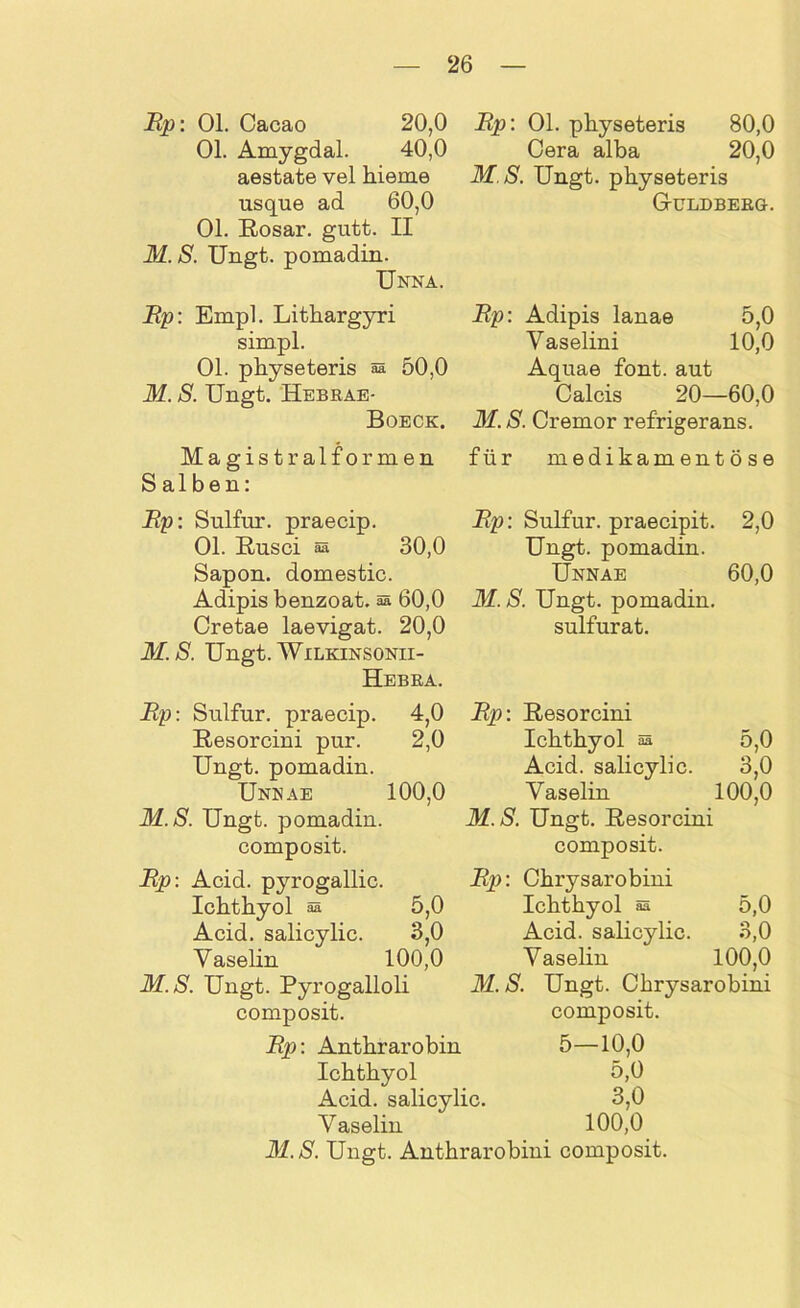 Mp: 01. Cacao 20,0 01. Amygdal. 40,0 aestate vel hieme usque ad 60,0 Ol. Rosar. gutt. II M.S. Ungt. pomadin. Unna. Ep: Empl. Lithargyri simpl. Ol. physeteris aa 50,0 M. S. Ungt. Hebrae- Boeck. Magistralformen Salben: Ep: Sulfur, praecip. 01. Rusci äs 30,0 Sapon. domestic. Adipis benzoat. ää 60,0 Cretae laevigat. 20,0 M.S. Ungt.WlLKINSONII- Hebra. Ep: Sulfur, praecip. 4,0 Resorcini pur. 2,0 Ungt. pomadin. Unnae 100,0 M.S. Ungt. pomadin. composit. Ep: Acid. pyrogallic. Ichthyol sä 5,0 Acid. salicylic. 3,0 Vaselin 100,0 M.S. Ungt. Pyrogalloli composit. Ep: Ol. physeteris 80,0 Cera alba 20,0 M.S. Ungt. physeteris GrüLDBERO. Ep: Adipis lanae 5,0 Vaselini 10,0 Aquae font. aut Calcis 20—60,0 M. S. Cremor refrigerans. für medikamentöse Ep: Sulfur, praecipit. 2,0 Ungt. pomadin. Unnae 60,0 M.S. Ungt. pomadin. sulfurat. Ep: Resorcini Ichthyol aa 5,0 Acid. salicylic. 3,0 Vaselin 100,0 M.S. Ungt. Resorcini composit. Ep: Chrysarobini Ichthyol äs 5,0 Acid. salicylic. 3,0 Vaselin 100,0 M. S. Ungt. Chrysarobini composit. 5—10,0 5,0 Ep: Anthrarobin Ichthyol Acid. salicylic. 3,0 Vaselin 100,0 M.S. Ungt. Anthrarobini composit.