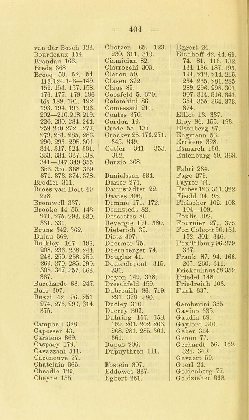 van der Bosch 123. Bourdeaux 154. Brandau 166. Breda 368 Brocq 50. 52. 54. 118.124.146—149. 152. 154. 157. 158. 176. 177. 179. 186 bis 189. 191. 192. 193. 194. 195. 196. 202—210.218.219. 220. 280. 234. 244. 259.270.272-277. 279. 281. 285. 286. 290. 293. 298. 301. 314. 317. 324. 331. 333. 334. 337. 338. 341—347.349.355. 356. 357. 368. 369. 371. 373. 374. 378. Brodier 311. Broes van Dort 49. 278. Bromwell 337. Brooke 44. 55. 143. 271. 275. 293. 330. 331. 331. Bruns 342. 362. Bülau 369. Bulkley 107. 196. 208. 236. 238. 244. 248. 250. 258. 259. 269. 270. 285. 290. 308. 347. 357. 363. 367. Burchardt 68. 247. Burr 307. Buzzi 42. 96. 251. 274. 275. 296. 314. 375. Campbell 328. Capesser 43. Carstens 369. Caspary 179. Cavazzani 311. Cazeneuve 77. Chatelain 365. Cheadle 129. Cheyne 135. Chotzen 65. 123. 230. 311. 319. Ciamician 82. Ciarrocchi 303. Claron 50. Clasen 372. Claus 85. Coesfeld 5. 370. Colombini 86. Comessati 211. Contes 370. Cordua 19. Crede 58. 137. Crocker 25.176.271. 345. 349. Cutler 341. 353. 362. Curzio 368. Danielssen 334. Darier 274. Darmstädter 22. Davies 306. Demme 171. 172. Dennstedt 82. Descottes 86. Devergie 191. 380. Dieterich 35. Dietz 307. Doermer 75. Doernberger 74. Douglas 41. Doutrelepont 315. 331. Doyon 149. 378. Drescbfeld 159. Dubreuilh 86. 719. 291. 378. 380. Ducley 310. Ducrey 307. Duhring 157. 158. 189. 201. 202. 203. 208. 281. 285. 301. 361. Dupus 206. Dupuythren 111. Ebstein 307. Eddowes 337. Egbert 281. Eggert 24. Eichhoff 42. 44. 69. 74. 81. 116. 1.32. 134. 186. 187.193. 194. 212. 214. 215. 234. 235. 281. 285. 289. 296. 298. 301. 307. 314. 316. 341. 354. 355. 364. 373. 374. Elliot 13. 337. Eloy 86. 155. 193. Elsenberg 87. Engmann 53. Erckens 328. Esmarcb 136. Eulenburg 50. 368. Fabri 234. Fage 279. Fayrer 74. Feibes 123.311.322. Fiscbl 94. 95. Fleischer 102. 103. 104—109. Foulis 302. Fournier 279. 375. Fox Colcott50.151. 152. 301. 346. Fox Tilbury 96.279. 367. Frank 87. 94. 166. 207. 260. 311. Frickenbaus 58.359. Friedei 148. Friedreich 103. Funk 337. Gamberini 355. Gavino 335. Gaudin 69. Gaylord 340. Geber 314. Genon 77. Gerhardt 56. 159. 324. 340. Gevaert 50. Goerl 24. Goldenberg 77. Goldzieher 368.