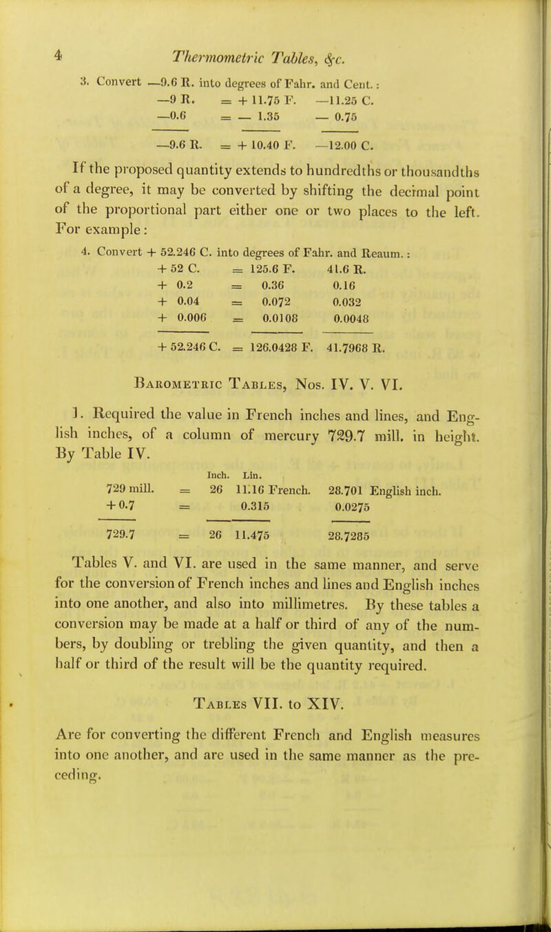 3. Convert —9.6 R. into degrees of Fahr. and Cent. : —9 R. = + 11.75 F. —11.25 C. —0.6 = — 1.35 — 0.75 —9.6 R. = + 10.40 F. —12.00 C. If the proposed quantity extends to hundredths or thousandths of a degree, it may be converted by shifting the decrmal point of the proportional part either one or two places to the left. For example: 4. Convert + 52.246 C. into degrees of Fahr. and Reaum.: 4-52 C. = 125.6 F. 41.6 R. + 0.2 = 0.36 0.16 + 0.04 = 0.072 0.032 + 0.006 = 0.0108 0.0048 + 52.246 C. = 126.0428 F. 41.7968 R. Barometric Tables, Nos. IV. V. VI. ]. Required the value in French inches and Hnes, and Eng- lish inches, of a column of mercury 729.7 mill, in height. By Table IV. Inch. Lin. 729 mill. = 26 11.16 French. 28.701 English inch. + 0.7 = 0.315 0.0275 729.7 = 26 11.475 28.7285 Tables V. and VI. are used in the same manner, and serve for the conversion of French inches and lines and English inches into one another, and also into millimetres. By these tables a conversion may be made at a half or third of any of the num- bers, by doubling or trebling the given quantity, and then a half or third of the result will be the quantity required. Tables VII. to XIV. Are for converting the different French and English measures into one another, and arc used in the same manner as the pre- ceding.