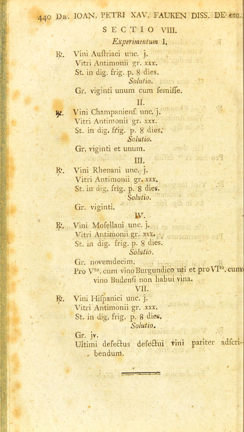 f S E C ,T I O VIII. Experimentum I. -T R’ 1^. Vini Auftriaci unc. j. Vitri Antimonii gr. xxx. St. in dig. frig. p. 8 dies. Solufio. ; Gr. vigintl unum cum femifle. II. Vini Champanienf. unc. [ Vitri Antimonii gr. xx.t. St. in dig, frig. p. 8 dies.’ Solutio. Gr. viginti et unum. • III. ■ Vini Rhenani unc. j. Vitri Antimonii gr. xxx. St. in dig. frig. p. 8 dies. ‘ ‘ Solutio. Gr. viginti.  ■’ W. Vini Mofellani unc. j. ; • Vitri Antimonii gr. xxx. ^ ,,,, St. in dig. frig. p. 8 dies, Solutio. Gr. novemdecim. j..;,. • . Pro V‘°.cum vinoBurgundicp uti et pro\l‘°. cunii vino Budenfi non habui vina. VII. Vini Hifpanici unc. j. Vitri Antimonii gr. xxx. St. in dig. frig. p. 8 dies. Solutio. , Gr. jv. , ... I ; Ultimi defeftus defe£lui vini pariter adfcri , bendunl. ’ '