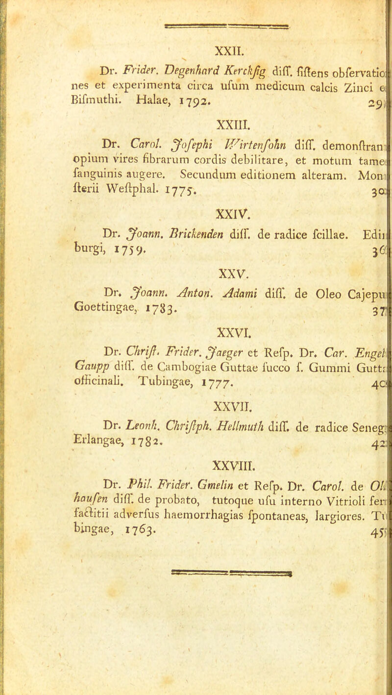 XXII. Dr. Frider. Degenhard Kmkftg dlfl*. fiflens obfervatia nes et experimenta circa ufu’m medicum calcis Zinci & Bifmuthi. Halae, 1792. 29; XXIII. Dr. Carol, ^ofephi Wirtenfohn diff. demonllran' opium vires fibrarum cordis debilitare, et motum tame fanguinis augere. Secundum editionem alteram. Mon fterii Weftphal. 1775. 3a Edi) 3(5 XXIV. ' Dr. yoann. Brickenden dilF. de radice fcillae burgi, 1759. XXV. Dr. ^oann. Anton. Adami difl*. de Oleo Cajepu Goettingae, 1783. XXVI. Dr. Chrift. Frider. jaeger et Refp. Dr. Car. Engel Gaupp did. de Cambogiae Guttae i’ucco f. Gummi Guttr odicinaU. Tubingae, 1777. 4a XXVII. Dr. Lennfi. Chrijlph. Hellmuih did*, de radice Senega Erlangae, 1782. 42 XXVIII. Dr. Phil. Frider. Gmelin et Refp. Dr. Carol, de Oli haufen did*, de probato, tutoque ufu interno Vitrioli fer faciitii adverfus haemorrhagias fpontaneas, largiores. Ti bingae, 1763. 4j5j