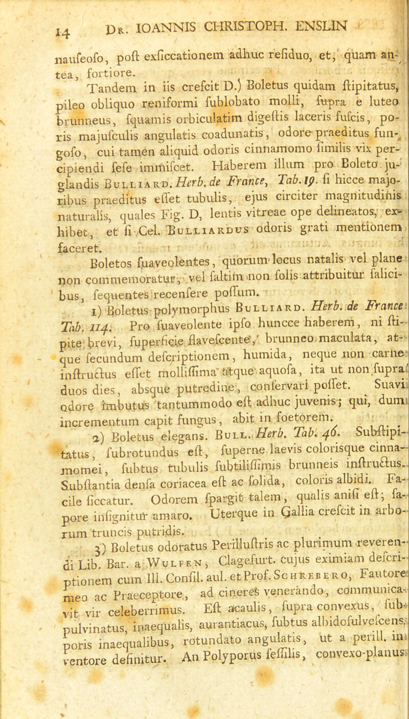 naufeofo, poll exficcationem adhuc refiduo, et, quam an-^ tea, fortiore. Tandem in iis crefcit D.) Boletus quidam ftipitatus, pileo obliquo reniformi fublobato molli, ftipra e luteo bi-unneus, fquamis orbiculatim digelHs laceris fufcis, po- ris majufcLilis angulatis coadunatis, odore praeditus fun-^ gofo, cui tamen aliquid odoris cinnamomo bmilis vix per- cipiendi fefe immifcet. Haberem ilium pro Boleto ju- glandis a kd. Herb, de France^ Tab.ip. 11 hicce majo- ribus praeditus elTet tubulis, ejus circiter magnitudifiis naturalis, quales Fig. D, leutis vitreae ope delineates, er- hibet, et fi Cel. Tulliardus odoris grati mentionem Boletos {juaveolentes, quotum-locus natalis vel plane: non commemoratur , vel faltim non foils attribuitur falici- bus, fequentes recenfere polTum. I) Boletus polymorphus Bulliard. Herb, de France Tab, Pro fuaveolente ipfo huncce haberem, ni fti— pite btovi, fuperflcj,o flavefcente',' brunneo.maculata, at-' que fecundum defcriptionem, humida, neque non came- inftruaus elTet momiUma-t;tque aquofa, ita ut non fupra;' duos dies, absque putredine, confervari poffet. Suavi; odore imbutus tantummodo eft adhuc juvenis-j qui, dumi incrementum capit fungus, abit in foetorem. ^ a) Boletus elegans. Bull. Herb. Tab, 4O. Subitipi- tatus, fubrotundus eft, fuperne laevis colorisque cinna- jnomei, fubtus tubulis fubtiliffimis brunneis inftiuaus.. Subftantia denfa coriacea eft ac folida, coloris albidi._ Fa- cile ficcatur. Odorem fpargit-talem, qualis anih eft; la- pore infignitut amaro. Uterque in Qallia crefcit m aibo- rum truncis putridis. 3) Boletus odoratus Perilluftris ac plurimum reveren- di Lib. Bar. a Wulfen, Clagefmt. cujus eximiam defcri- ptionem cumlll.Confil.aul.etProf.ScHREBERO, Fautore meo ac Praeceptore, ad cinereS venerando, communica-. vit vir celeberrimus. Eft aicaulis, lupra convexus, Tub-: pulvinatus, inaequalis, aurantiacus, fubtus albidofulvelcens.^ poris inaequalibus, rotundato angulatis, ut a perill. m: v entore definitur. An Polyporus leftihs, convexo-planus.