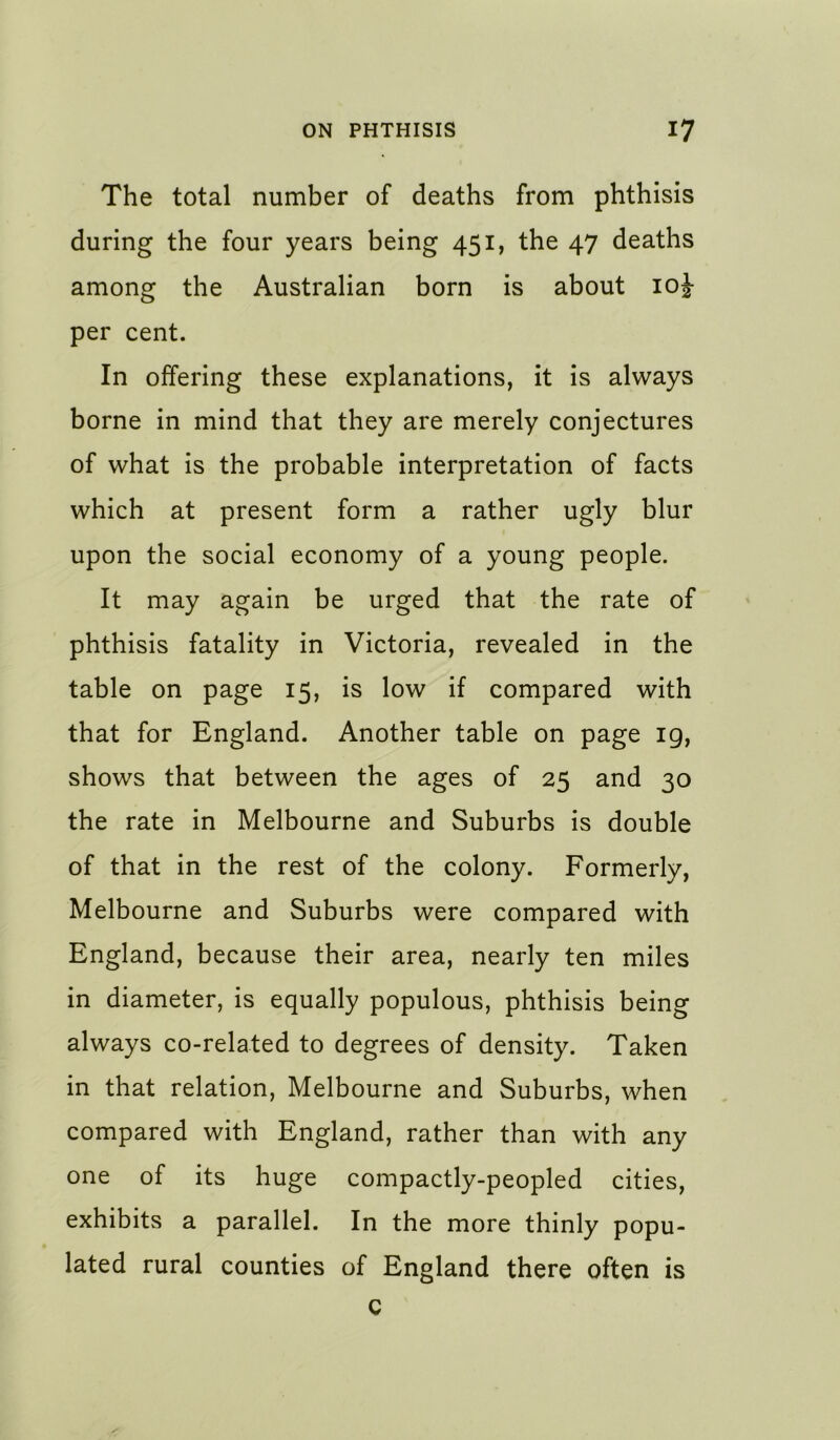 The total number of deaths from phthisis during the four years being 451, the 47 deaths among the Australian born is about loj per cent. In offering these explanations, it is always borne in mind that they are merely conjectures of what is the probable interpretation of facts which at present form a rather ugly blur upon the social economy of a young people. It may again be urged that the rate of phthisis fatality in Victoria, revealed in the table on page 15, is low if compared with that for England. Another table on page ig, shows that between the ages of 25 and 30 the rate in Melbourne and Suburbs is double of that in the rest of the colony. Formerly, Melbourne and Suburbs were compared with England, because their area, nearly ten miles in diameter, is equally populous, phthisis being always co-related to degrees of density. Taken in that relation, Melbourne and Suburbs, when compared with England, rather than with any one of its huge compactly-peopled cities, exhibits a parallel. In the more thinly popu- lated rural counties of England there often is