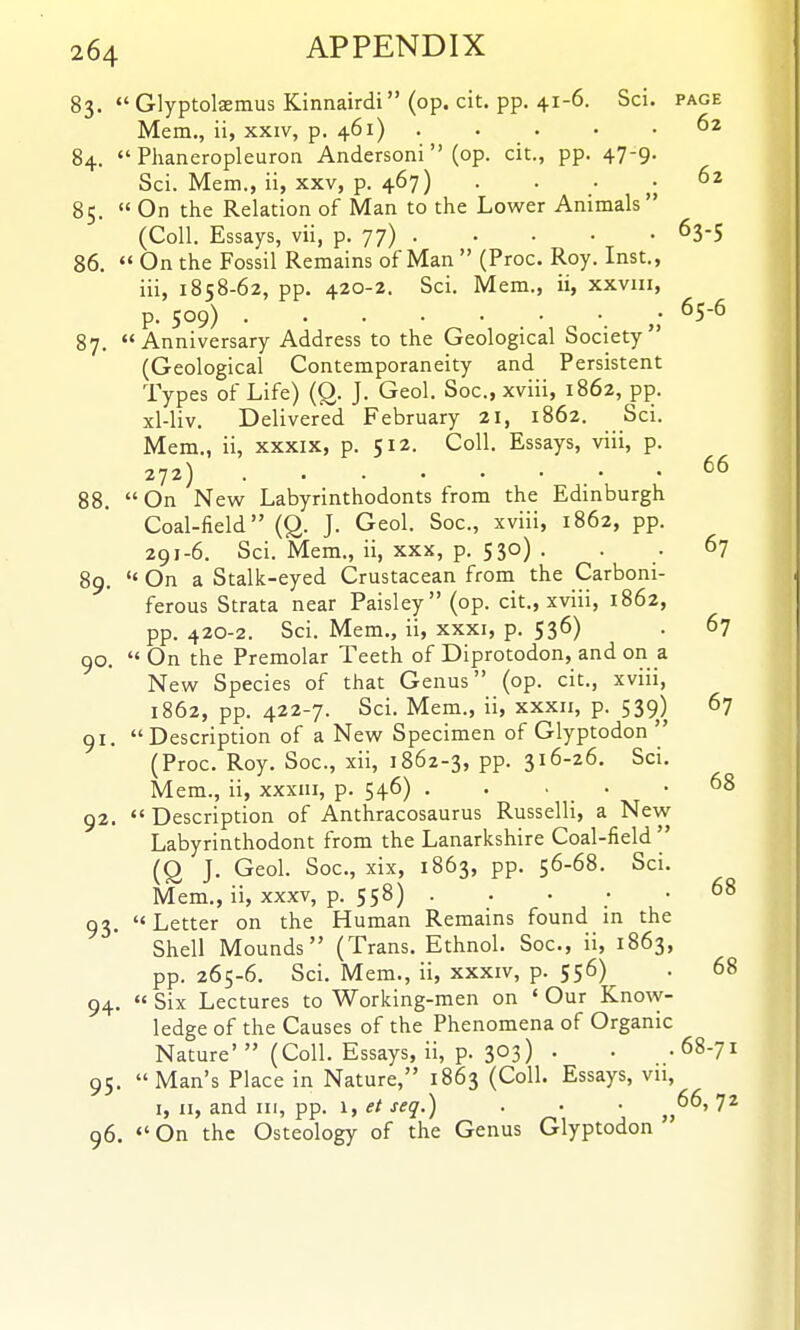 83.  Glyptolaemus Kinnairdi (op. cit. pp. 41-6. Sci. page Mem., ii, xxiv, p. 461) . • . • .62 84.  Phaneropleuron Andersoni (op. cit., pp. 47-9. Sci. Mem., ii, XXV, p. 467) . . . . 62 85.  On the Relation of Man to the Lower Animals (Coll. Essays, vii, p. 77) 63-5 86.  On the Fossil Remains of Man  (Proc. Roy. Inst., iii, 1858-62, pp. 420-2. Sci. Mem., ii, xxviii, p. 509) 65-6 87. Anniversary Address to the Geological Society (Geological Contemporaneity and Persistent Types of Life) {Q. J. Geol. Soc, xviii, 1862, pp. xl-liv. Delivered February 21, 1862. Sci. Mem., ii, xxxix, p. 512. Coll. Essays, viii, p. 272) . .66 88.  On New Labyrinthodonts from the Edinburgh Coal-field (Q. J. Geol. Soc, xviii, 1862, pp. 291-6. Sci. Mem., ii, xxx, p. 530) . . . 67 89.  On a Stalk-eyed Crustacean from the Carboni- ferous Strata near Paisley (op. cit., xviii, 1862, pp. 420-2. Sci. Mem., ii, xxxi, p. 536) . 67 90. On the Premolar Teeth of Diprotodon, and on a New Species of that Genus (op. cit., xviii, 1862, pp. 422-7. Sci. Mem., ii, xxxii, p. 539) 67 91. Description of a New Specimen of Glyptodon  (Proc. Roy. Soc, xii, 1862-3, pp. 316-26. Sci. Mem., ii, xxxui, p. 546) . . ■ • .68 92.  Description of Anthracosaurus Russelli, a New Labyrinthodont from the Lanarkshire Coal-field  (Q J. Geol. Soc, xix, 1863, pp. 56-68. Sci. Mem., ii, XXXV, p. 558) . . • • .68 93.  Letter on the Human Remains found in the Shell Mounds (Trans. Ethnol. Soc, ii, 1863, pp. 265-6. Sci. Mem., ii, xxxiv, p. 556) . 68 94.  Six Lectures to Working-men on ' Our Know- ledge of the Causes of the Phenomena of Organic Nature' (Coll. Essays, ii, p. 303) • ■ -^^-71 95. Man's Place in Nature, 1863 (Coll. Essays, vu, I, II, and HI, pp. 1, et seq.) . • • ^^66, 72 96. On the Osteology of the Genus Glyptodon
