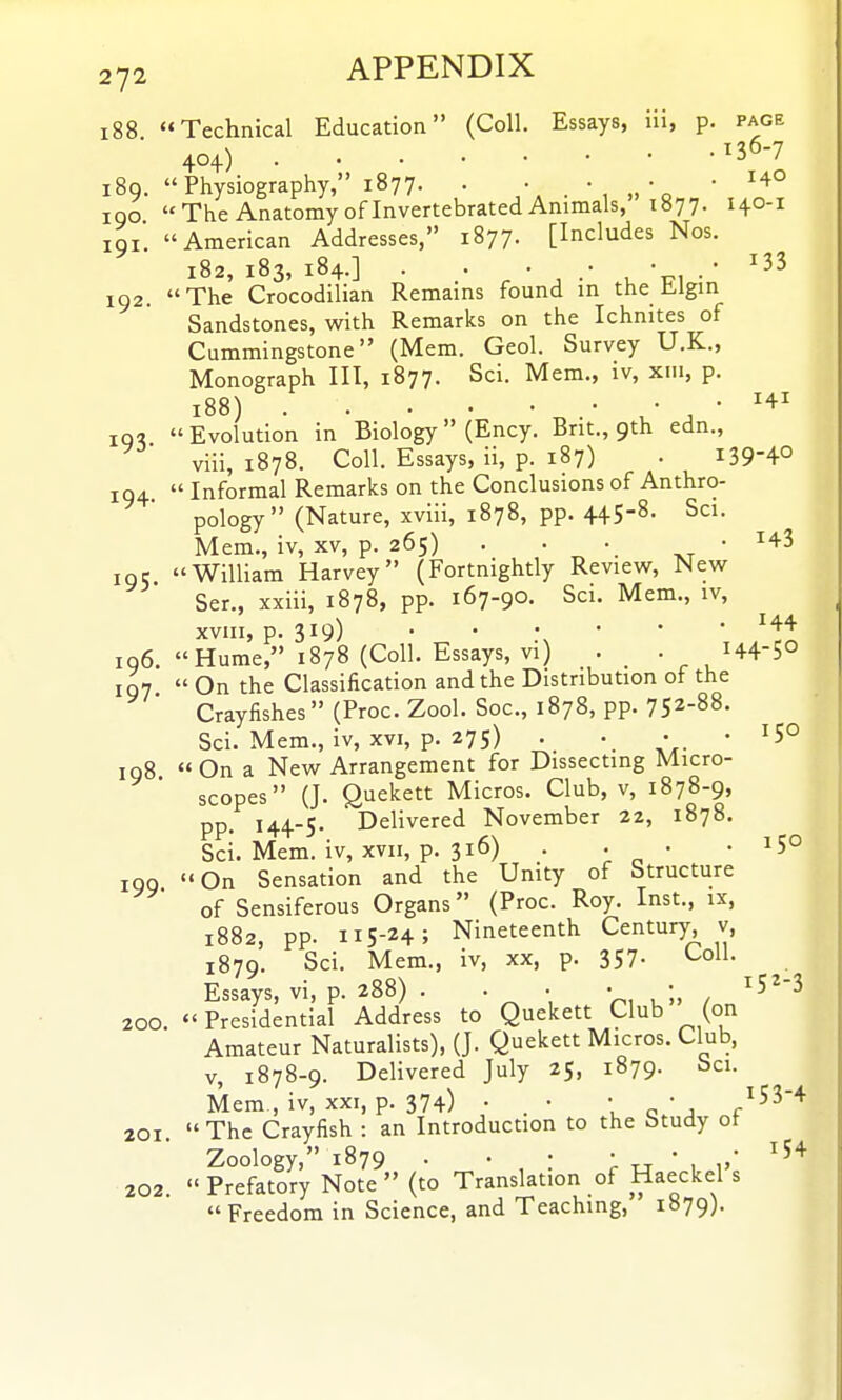 i88 Technical Education (Coll. Essays, iii, p. page 40+) ^36-7 189. Physiography, 1877. . •,.-,„•  ^^^ 100 The Anatomy of Invertebrated Animals, 1877. 140-1 191. American Addresses, 1877. [Includes Nos. 182, 183, 184.] . 't,, •• 192. The Crocodilian Remains found in the Hlgin Sandstones, with Remarks on the Ichnites of Cummingstone (Mem. Geol. Survey U.K., Monograph III, 1877. Sci. Mem., iv, xiii, p. 188) ^ J • iq<i Evolution in Biology (Ency. Brit., 9th edn., viii, 1878. Coll. Essays, ii, p. 187) . 139-4° 194  Informal Remarks on the Conclusions of Anthro- pology (Nature, xviii, 1878, pp. 445-8. Sci. Mem., iv, XV, p. 265) . . • • ^43 195 William Harvey (Fortnightly Review, New Ser., xxiii, 1878, pp. 167-90. Sci. Mem., iv, XVIII, p. 319) ■ ■ \ ■ * ' ^^'^ 196. Hume, 1878 (Coll. Essays, vi) . _ . 144-5° IQ7  On the Classification and the Distribution of the Crayfishes  (Proc. Zool. Soc, 1878, pp. 752-88. Sci. Mem., iv, XVI, p. 275) . • • • 198  On a New Arrangement for Dissecting Micro- scopes (J. Quekett Micros. Club, v, 1878-9, pp. 144-5. Delivered November 22, 1878. Sci. Mem. iv, XVII, p. 316) . • . .15° 199 On Sensation and the Unity of Structure of Sensiferous Organs (Proc. Roy. Inst., ix, 1882, pp. 115-24; Nineteenth Century v, 1879. Sci. Mem., iv, xx, p. 357- ^o^^- Essays, vi, p. 288) . . • • ^5^-3 200. Presidential Address to Quekett Club (on Amateur Naturalists), (J. Quekett Micros. Club, v, 1878-9. Delivered July 25, 1879. bci. Mem , iv, XXI, p. 374) • ■ ; „ ' , .^53+ 201 The Crayfish : an Introduction to the Study ot Zoology, 1879 . . : • XT • . ,/ '^'^ 202.  Prefatory Note  (to Translation of Haeckel s  Freedom in Science, and Teaching, i«79)-