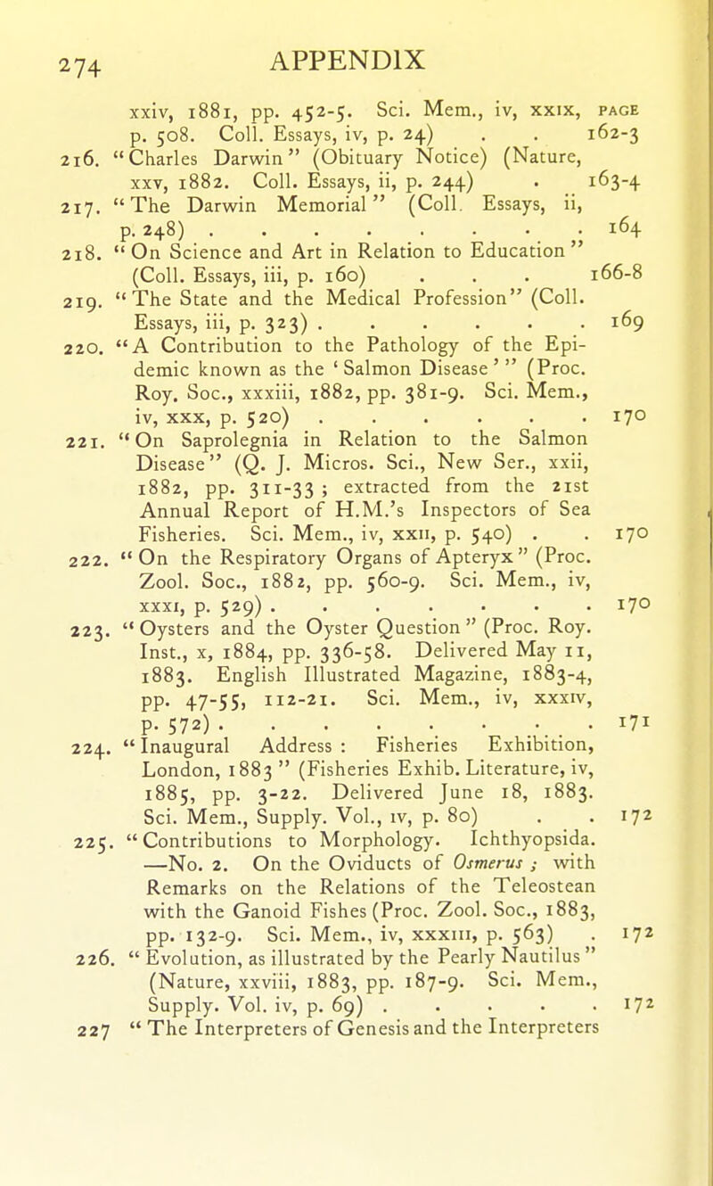 xxiv, 1881, pp. 452-5. Sci. Mem., iv, xxix, page p. 508. Coll. Essays, iv, p. 24) . . 162-3 216. Charles Darwin (Obituary Notice) (Nature, XXV, 1882. Coll. Essays, ii, p. 244) . 163-4 217. The Darwin Memorial (Coll. Essays, ii, p-hS) ,; 218. On Science and Art in Relation to Education (Coll. Essays, iii, p. 160) . . . 166-8 219. The State and the Medical Profession (Coll. Essays, iii, p. 323) ...... 169 220. A Contribution to the Pathology of the Epi- demic known as the ' Salmon Disease '  (Proc. Roy. Soc, xxxiii, 1882, pp. 381-9. Sci. Mem., iv, XXX, p. 520) . . . . . .170 221. On Saprolegnia in Relation to the Salmon Disease (Q. J. Micros. Sci., New Ser., xxii, 1882, pp. 311-33 ; extracted from the 21st Annual Report of H.M.'s Inspectors of Sea Fisheries. Sci. Mem., iv, xxii, p. 540) . . 170 222.  On the Respiratory Organs of Apteryx (Proc. Zool. Soc, 1882, pp. 560-9. Sci. Mem., iv, XXXI, p. 529) ....... 170 223.  Oysters and the Oyster Question  (Proc. Roy. Inst., X, 1884, pp. 336-58. Delivered May 11, 1883. English Illustrated Magazine, 1883-4, pp. 47-55, 112-21. Sci. Mem., iv, xxxiv, P-572) • '71 224. Inaugural Address: Fisheries Exhibition, London, 1883 (Fisheries Exhib. Literature, iv, 1885, pp. 3-22. Delivered June 18, 1883. Sci. Mem., Supply. Vol., iv, p. 80) . .172 225. Contributions to Morphology. Ichthyopsida. —No. 2. On the Oviducts of Osmerus ; with Remarks on the Relations of the Teleostean with the Ganoid Fishes (Proc. Zool. Soc, 1883, pp. 132-9. Sci. Mem., iv, xxxiii, p. 563) . 172 226.  Evolution, as illustrated by the Pearly Nautilus  (Nature, xxviii, 1883, pp. 187-9. ^ci. Mem., Supply. Vol. iv, p. 69) 172 227  The Interpreters of Genesis and the Interpreters