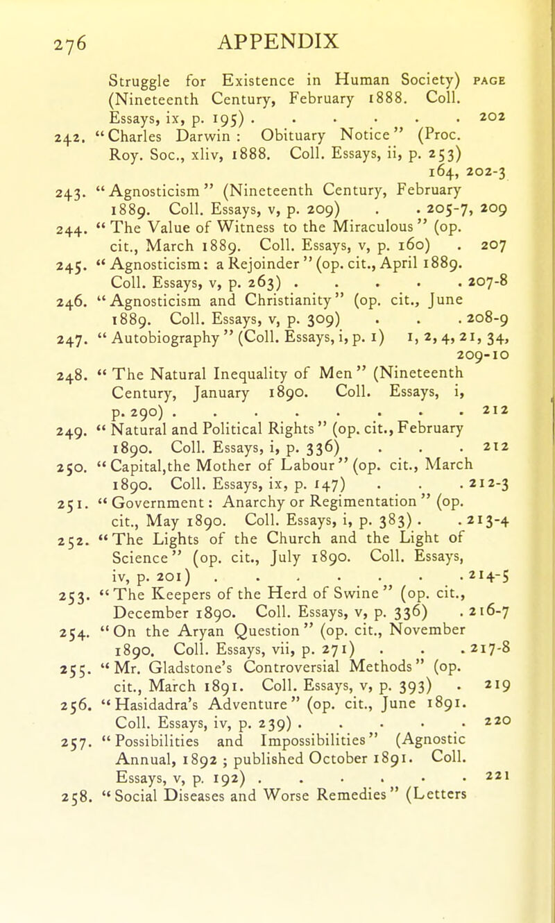 Struggle for Existence in Human Society) page (Nineteenth Century, February 1888. Coll. Essays, ix, p. 195) ...... 202 24.2. Charles Darwin: Obituary Notice (Proc. Roy. Soc, xliv, 1888. Coll. Essays, ii, p. 253) 164, 202-3 243. Agnosticism (Nineteenth Century, February 1889. Coll. Essays, v, p. 209) . . 205-7, 209 244.  The Value of Witness to the Miraculous  (op. cit., March 1889. Coll. Essays, v, p. 160) . 207 245. <'Agnosticism: a Rejoinder  (op. cit., April 1889. Coll. Essays, v, p. 263) ..... 207-8 246. Agnosticism and Christianity (op. cit., June 1889. Coll. Essays, V, p. 309) . . .208-9 247.  Autobiography  (Coll. Essays, i, p. I) 1,2,4,21,34, 209-10 248.  The Natural Inequality of Men  (Nineteenth Century, January 1890. Coll. Essays, i, p. 290) . . . . . . . .212 249.  Natural and Political Rights  (op. cit., February 1890. Coll. Essays, i, p. 336) . . . 2X2 250. Capital,the Mother of Labour (op. cit., March 1890. Coll. Essays, ix, p. 147) . . .212-3 251. Government: Anarchy or Regimentation  (op. cit., May 1890. Coll. Essays, i, p. 383) . .213-4 252. The Lights of the Church and the Light of Science (op. cit., July 1890. Coll. Essays, iv, p. 201) 214-5 253. The Keepers of the Herd of Swine (op. cit., December 1890. Coll. Essays, v, p. 336) . 216-7 254. On the Aryan Question (op. cit., November 1890. Coll. Essays, vii, p. 271) . . .217-8 255. Mr. Gladstone's Controversial Methods (op. cit., March 1891. Coll. Essays, v, p. 393) . 219 256. Hasidadra's Adventure (op. cit., June 1891. Coll. Essays, iv, p. 239) . . . . .220 257. Possibilities and Impossibilities (Agnostic Annual, 1892 ; published October 1891. Coll. Essays, v, p. 192) . . . . • .221 258. Social Diseases and Worse Remedies (Letters