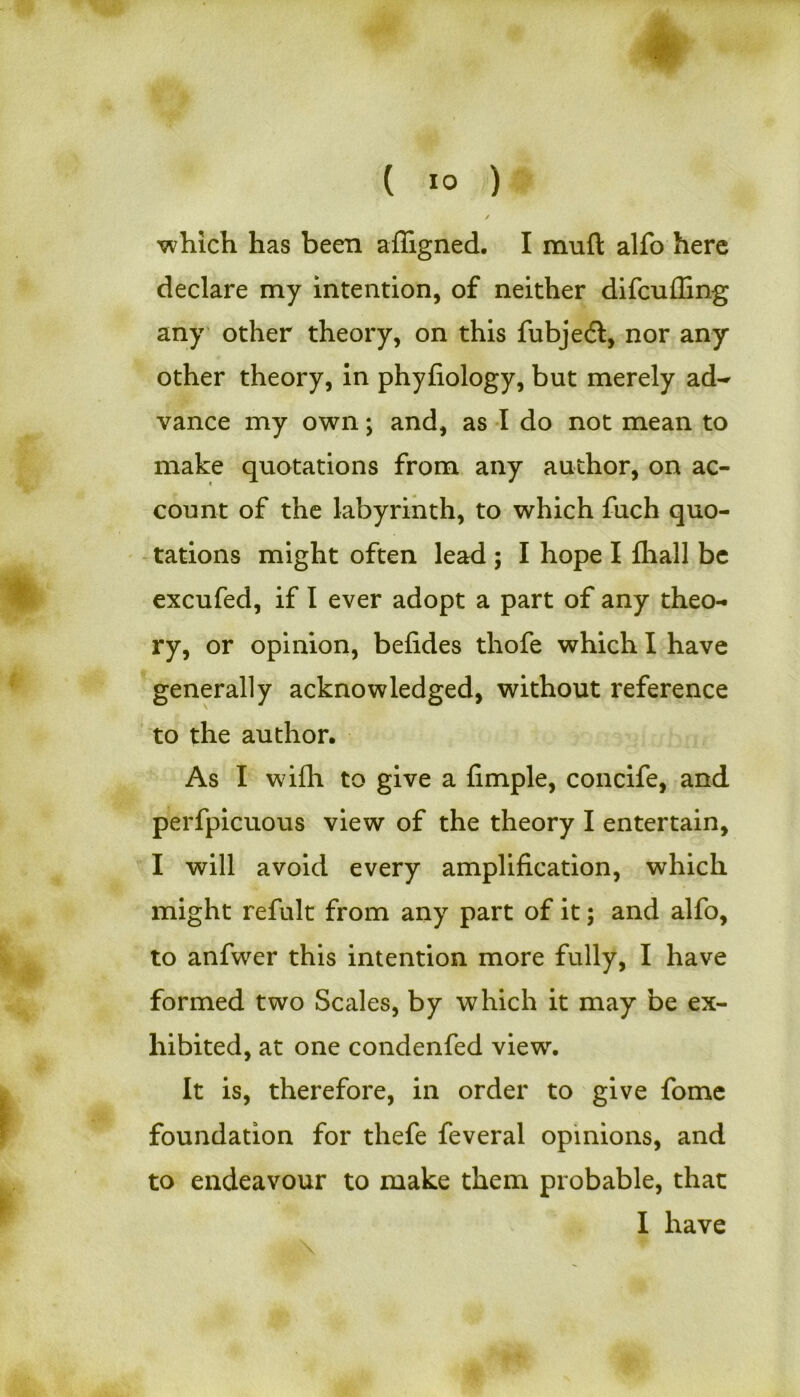 declare my intention, of neither difcuffing any other theory, on this fubjedt, nor any other theory, in phyfiology, but merely ad- vance my own; and, as I do not mean to make quotations from any author, on ac- count of the labyrinth, to which fuch quo- tations might often lead ; I hope I fhall be excufed, if I ever adopt a part of any theo- ry, or opinion, befides thofe which I have generally acknowledged, without reference to the author. As I wifh to give a fimple, concife, and perfpicuous view of the theory I entertain, I will avoid every amplification, which might refult from any part of it; and alfo, to anfwer this intention more fully, I have formed two Scales, by which it may be ex- hibited, at one condenfed view. It is, therefore, in order to give fome foundation for thefe feveral opinions, and to endeavour to make them probable, that I have