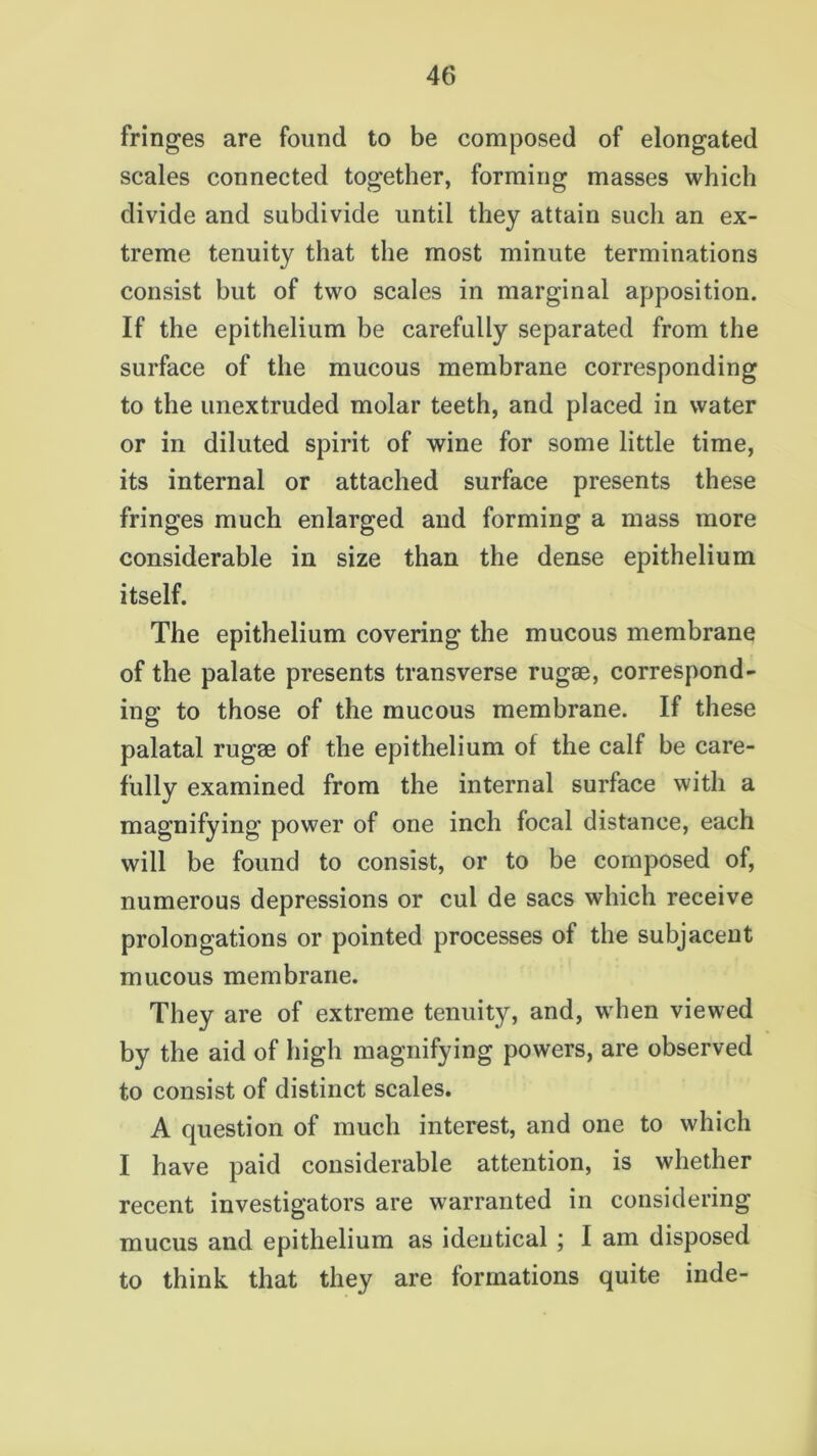 fringes are found to be composed of elongated scales connected together, forming masses which divide and subdivide until they attain such an ex- treme tenuity that the most minute terminations consist but of two scales in marginal apposition. If the epithelium be carefully separated from the surface of the mucous membrane corresponding to the unextruded molar teeth, and placed in water or in diluted spirit of wine for some little time, its internal or attached surface presents these fringes much enlarged and forming a mass more considerable in size than the dense epithelium itself. The epithelium covering the mucous membrane of the palate presents transverse rugae, correspond- ing to those of the mucous membrane. If these palatal rugae of the epithelium of the calf be care- fully examined from the internal surface with a magnifying power of one inch focal distance, each will be found to consist, or to be composed of, numerous depressions or cul de sacs which receive prolongations or pointed processes of the subjacent mucous membrane. They are of extreme tenuity, and, when viewed by the aid of high magnifying powers, are observed to consist of distinct scales. A question of much interest, and one to which I have paid considerable attention, is whether recent investigators are warranted in considering mucus and epithelium as identical ; I am disposed to think that they are formations quite inde-