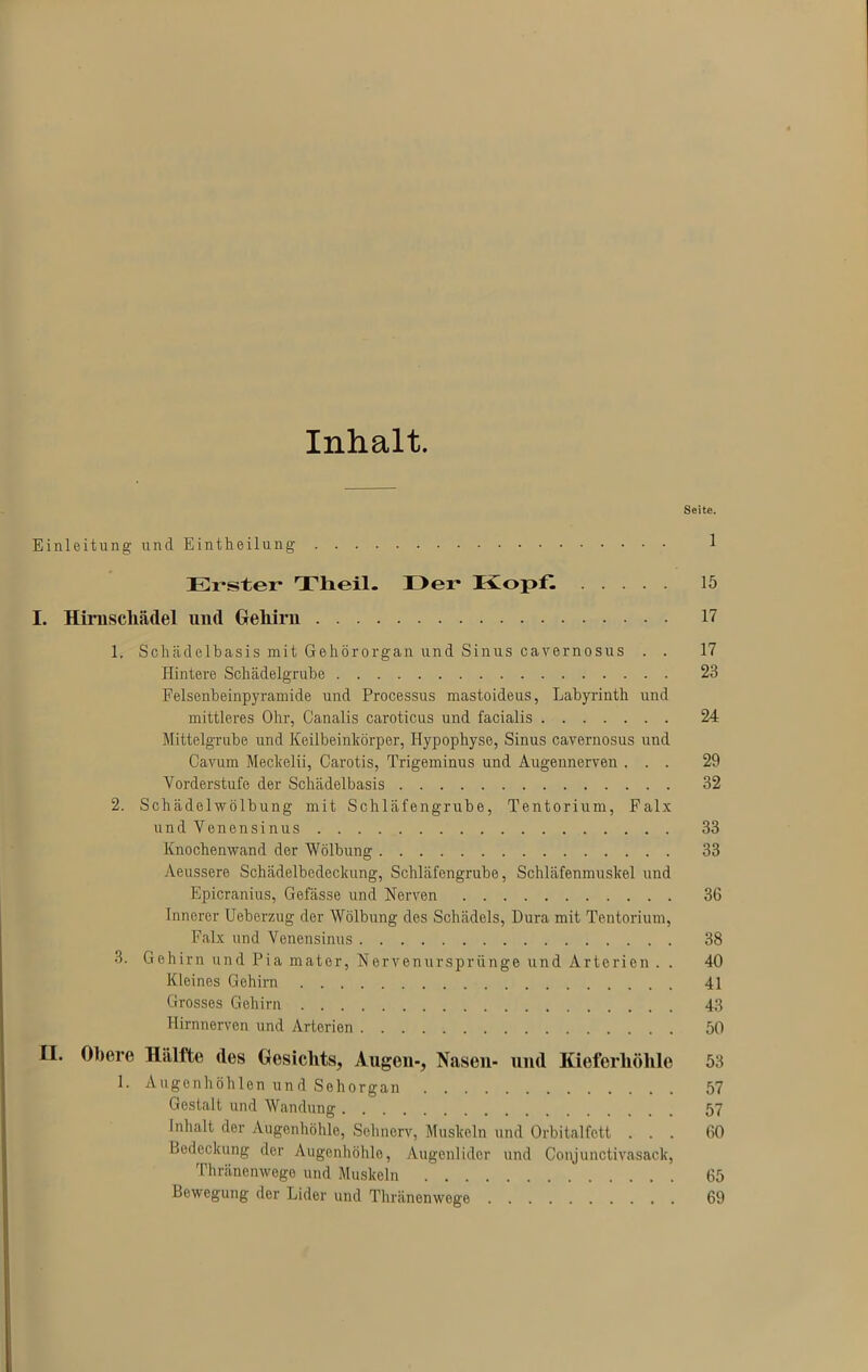 Inhalt. Seite. Einleitung und Einteilung 1 Erster* Tlieil. I>er Kopfl 15 I. Hirnschädel und Gehirn 17 1. Schädelbasis mit Gehörorgan und Sinus cavernosus . . 17 Hintere Schädelgrube 23 Felsenbeinpyramide und Processus mastoideus, Labyrinth und mittleres Ohr, Canalis caroticus und facialis 24 Mittelgrube und Keilbeinkörper, Hypophyse, Sinus cavernosus und Cavum Meckelii, Carotis, Trigeminus und Augennerven ... 29 Vorderstufe der Schädelbasis 32 2. Schädelwölbung mit Schläfengrube, Tentorium, Falx undVenensinus 33 Knochenwand der Wölbung 33 Aeussere Schädelbedeckung, Schläfengrube, Schläfenmuskel und Epicranius, Gefässe und Nerven 36 Innerer Ueberzug der Wölbung des Schädels, Dura mit Tentorium, Falx und Venensinus 38 3. Gehirn und Pia mater, Nervenurspriinge und Arterien . . 40 Kleines Gehirn 41 Grosses Gehirn 43 Hirnnerven und Arterien 50 II. Obere Hälfte des Gesichts, Augen-, Nasen- und Kieferhöhle 53 1. Augenhöhlen und Sehorgan 57 Gostalt und AVandung 57 Inhalt der Augenhöhle, Sehnerv, Muskeln und Orbitalfett . . . 60 Bedeckung der Augenhöhle, Augenlider und Conjunctivasack, Thränenwege und Muskeln 65 Bewegung der Lider und Thränenwege 69