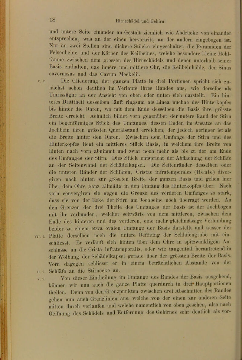 und untere Seite einander an Gestalt ziemlich wie Abdrücke von einander entsprechen, was an der einen hervortritt, an der andern eingebogen ist. Nur an zwei Stellen sind dickere Stücke eingeschaltet, die Pyramiden der Felsenbeine und der Körper des Keilbeines, welche besondere kleine Hohl- räume zwischen dem grossen des Hirnschädels und denen unterhalb seiner Basis enthalten, das innere und mittlere Ohr, die Keilbeinhöhle, den Sinus cavernosus und das Cavum Mcckclii. Die Gliederung der ganzen Platte in drei Portionen spricht sich zu- nächst schon deutlich im Verlaufe ihres Randes aus, wie derselbe als Umrissfigur an der Ansicht von oben oder unten sich darstellt. Ein hin- teres Dritttheil desselben läuft ringsum als Linea nuchae des Hinterkopfes bis hinter die Ohren, wo mit dem Ende desselben die Basis ihre grösste Breite erreicht. Aehnlich bildet vorn gegenüber der untere Rand der Stirn ein bogenförmiges Stück des Umfanges, dessen Enden im Ansätze an das Jochbein ihren grössten Querabstand erreichen, der jedoch geringer ist als die Breite hinter den Ohren. Zwischen dem Umfange der Stirn und des Hinterkopfes liegt ein mittleres Stück Basis, in welchem ihre Breite von hinten nach vorn abnimmt und zwar noch mehr als bis zu der am Ende des Umfanges der Stirn. Dies Stück entspricht der Abflachung der Schläfe an der Seitenwand der Schädelkapsel. Die Seitenränder desselben oder die unteren Ränder der Schläfen, Cristae infratemporales (Heule) diver- giren nach hinten zur grössten Breite der ganzen Basis und gehen hier über dem Ohre ganz allmälig in den Umfang des Hinterkopfes über. Nach vorn convergiren sie gegen die Grenze des vorderen Umfanges so stark, dass sie von der Ecke der Stirn am Jochbeine noch überragt werden. An den Grenzen der drei Theile des Umfanges der Basis ist der Jochbogen mit ihr verbunden, welcher seitwärts von dem mittleren, zwischen dem Ende des hinteren und des vorderen, eine mehr gleichmässige Verbindung beider zu einem etwa ovalen Umfange der Basis darstellt und ausser der Platte derselben noch die untere Oeffnung der Schläfengrube mit ein- schliesst. Er verläuft sich hinten über dein Ohre in spitzwinkligem An- schlüsse an die Crista infratemporalis, oder wie tangential herantretend in der Wölbung der Schädelkapsel gerade über der grössten Breite der Basis. Vorn dagegen schliesst er in einem beträchtlichen Abstande von der Schläfe an die Stirnecke an. Von dieser Eintheilung im Umfange des Randes der Basis ausgehend, können wir nun auch die ganze Platte querdurch in drei» Hauptportionen theilen. Denn von den Grenzpunkten zwischen drei Abschnitten des Randes gehen nun auch Grenzlinien aus, welche von der einen zur anderen Seite mitten durch verlaufen und welche namentlich von oben gesehen, also nach Oeffnung des Schädels und Entfernung des Gehirnes sehr deutlich als vor-