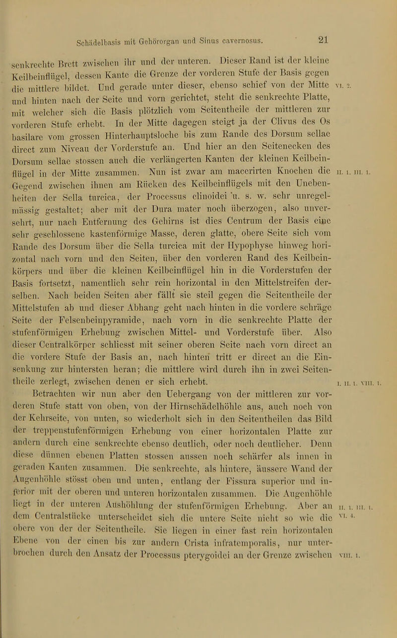 senkrechte Brett zwischen ihr und der unteren. Dieser Rand ist der kleine Keilbeinflügel, dessen Kante die Grenze der vorderen Stufe der Basis gegen die mittlere bildet. Und gerade unter dieser, ebenso schief von der Mitte vi. 2. und hinten nach der Seite und vorn gerichtet, stellt die senkrechte Platte, mit welcher sich die Basis plötzlich vom Seitentheile der mittleren zur vorderen Stufe erhebt. In der Mitte dagegen steigt ja der Clivus des Os basilare vom grossen Hinterhauptsloche bis zum Rande des Dorsum scllac direct zum Niveau der Vorderstufe an. Und hier an den Seitenecken des Dorsum sellae stossen auch die verlängerten Kanten der kleinen Keilbein- flügel in der Mitte zusammen. Nun ist zwar am macerirten Knochen die u. 1. Gegend zwischen ihnen am Rücken des Keilbeinflügels mit den Uneben- heiten der Sella turcica, der Processus clinoidei 'u. s. w. sehr unregel- mässig gestaltet; aber mit der Dura mater noch überzogen, also unver- sehrt, nur nach Entfernung des Gehirns ist dies Centrum der Basis eine sehr geschlossene kastenförmige Masse, deren glatte, obere Seite sich vom Rande des Dorsum über die Sella turcica mit der Hypophyse hinweg hori- zontal nach vorn und den Seiten, über den vorderen Rand des Keilbein- körpers und über die kleinen Keilbeinflügel hin in die Vorderstufen der Basis fortsetzt, namentlich sehr rein horizontal in den Mittelstreifen der- selben. Nach beiden Seiten aber fällt sie steil gegen die Seitentheile der Mittelstufen ab und dieser Abhang geht nach hinten in die vordere schräge Seite der Felsenbeinpyramide, nach vorn in die senkrechte Platte der stufenförmigen Erhebung zwischen Mittel- und Vorderstufe über. Also dieser Centralkörper schliesst mit seiner oberen Seite nach vorn direct an die vordere Stufe der Basis an, nach hinten tritt er direct an die Ein- senkung zur hintersten heran; die mittlere wird durch ihn in zwei Seiten- theile zerlegt, zwischen denen er sich erhebt. 1. u. Betrachten wir nun aber den Uebergang von der mittleren zur vor- deren Stufe statt von oben, von der Hirnschädelhöhle aus, auch noch von der Kehrseite, von unten, so wiederholt sich in den Seitcntheilcn das Bild der treppenstufenförmigen Erhebung von einer horizontalen Platte zur andern durch eine senkrechte ebenso deutlich, oder noch deutlicher. Denn diese dünnen ebenen Platten stossen aussen noch schärfer als innen in geraden Kanten zusammen. Die senkrechte, als hintere, äussere Wand der Augenhöhle stösst oben und unten, entlang der Fissura superior und in- ferior mit der oberen und unteren horizontalen zusammen. Die Augenhöhle liegt in der unteren Altshöhlung der stufenförmigen Erhebung. Aber an n. 1. dem Centralstücke unterscheidet sich die untere Seite nicht so wie die VI*4 obere von der der Seitentheile. Sie liegen in einer fast rein horizontalen Ebene von der einen bis zur andern Crista infratcmporalis, nur unter- brochen durch den Ansatz der Processus pterygoidei an der Grenze zwischen vm. m. 1. I. VIII. 1. III. I.