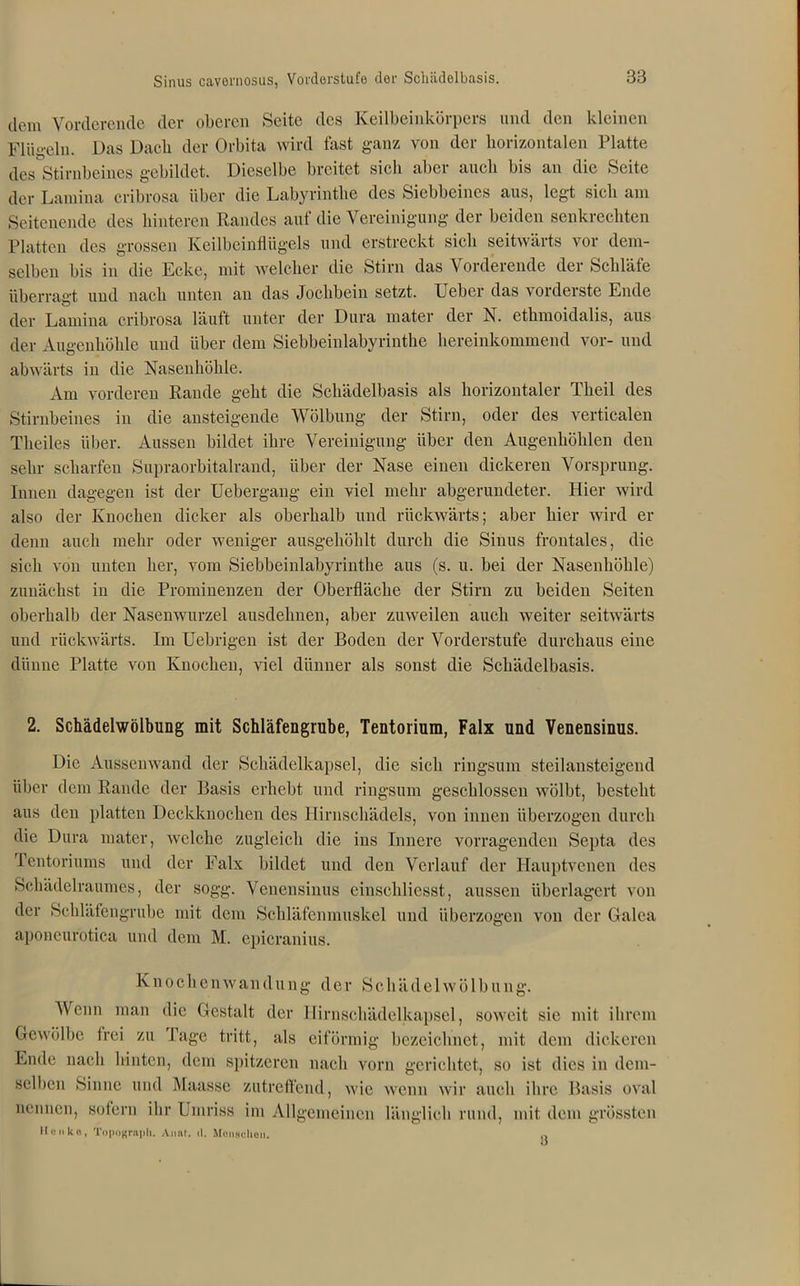 dem Vorderende der oberen Seite des Keilbeinkörpers und den kleinen Flügeln. Das Dacb der Orbita wird fast ganz von der horizontalen Platte des Stirnbeines gebildet. Dieselbe breitet sich aber auch bis an die Seite der Lamina cribrosa über die Labyrinthe des Siebbeines aus, legt sich am Seitenende des hinteren Randes auf die Vereinigung der beiden senkrechten Platten des grossen Keilbeinflügels und erstreckt sich seitwärts vor dem- selben bis in die Ecke, mit welcher die Stirn das V orderende der Schläfe überragt und nach unten an das Jochbein setzt. Ueber das vorderste Ende der Lamina cribrosa läuft unter der Dura mater der N. etlimoidalis, aus der Augenhöhle und über dem Siebbeinlabyrinthe hereinkommend vor- und abwärts in die Nasenhöhle. Am vorderen Rande geht die Schädelbasis als horizontaler Theil des Stirnbeines in die ansteigende Wölbung der Stirn, oder des verticalen Theiles über. Aussen bildet ihre Vereinigung über den Augenhöhlen den sehr scharfen Supraorbitalrand, über der Nase einen dickeren Vorsprung. Innen dagegen ist der Uebergang ein viel mehr abgerundeter. Hier wird also der Knochen dicker als oberhalb und rückwärts; aber liier wird er denn auch mehr oder weniger ausgehöhlt durch die Sinus frontales, die sich von unten her, vom Siebbeinlabyrinthe aus (s. u. bei der Nasenhöhle) zunächst in die Prominenzen der Oberfläche der Stirn zu beiden Seiten oberhalb der Nasenwurzel ausdehnen, aber zuweilen auch weiter seitwärts und rückwärts. Im Uebrigen ist der Boden der Vorderstufe durchaus eine dünne Platte von Knochen, viel dünner als sonst die Schädelbasis. 2. Schädelwölbung mit Schläfengrube, Tentorium, Falx und Venensinus. Die Aussenwand der Schädelkapsel, die sich ringsum steilansteigend über dem Rande der Basis erhebt und ringsum geschlossen wölbt, besteht aus den platten Deckknochen des Hirnschädels, von innen überzogen durch die Dura mater, welche zugleich die ins Innere vorragenden Septa des Tcntoriums und der Falx bildet und den Verlauf der Hauptvenen des Schädel raumes, der sogg. Venensinus einschliesst, aussen überlagert von der Schläfengrube mit dem Schläfenmuskel und überzogen von der Galea aponcurotica und dem M. epicranius. Knochenwandung der Schädelwölbung. Wenn man die Gestalt der Hirnschädelkapsel, soweit sie mit ihrem Gewölbe frei zu Tage tritt, als eiförmig bezeichnet, mit dem dickeren Ende nach hinten, dem spitzeren nach vorn gerichtet, so ist dies in dem- selben Sinne und Maasse zutreffend, wie wenn wir auch ihre Basis oval nennen, sofern ihr Umriss im Allgemeinen länglich rund, mit dem grössten Hoiiko, Topograph. Anut. (I. Monsclioii. n o
