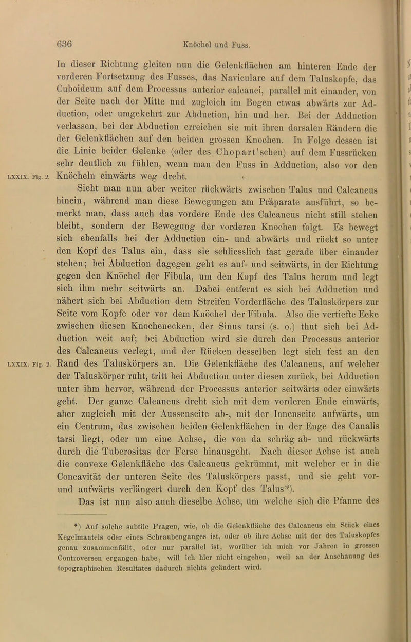 In dieser Richtung gleiten nun die Gelenkflächen am hinteren Ende der vorderen Fortsetzung des Fusses, das Naviculare auf dem Taluskopfe, das Cuboideum auf dem Processus anterior calcanei, parallel mit einander, von der Seite nach der Mitte und zugleich im Bogen etwas abwärts zur Ad- duction, oder umgekehrt zur Abduetion, hin und her. Bei der Adduction verlassen, bei der Abduetion erreichen sie mit ihren dorsalen Rändern die der Gelenkflächen auf den beiden grossen Knochen. In Folge dessen ist die Linie beider Gelenke (oder des Chopart’sehen) auf dem Fussrücken sehr deutlich zu fühlen, wenn man den Fuss in Adduction, also vor den lxxix. Fig. 2. Knöcheln einwärts weg dreht. Sieht man nun aber weiter rückwärts zwischen Talus und Calcaneus hinein, während man diese Bewegungen am Präparate ausführt, so be- merkt man, dass auch das vordere Ende des Calcaneus nicht still stehen bleibt, sondern der Bewegung der vorderen Knochen folgt. Es bewegt sich ebenfalls bei der Adduction ein- und abwärts und rückt so unter den Kopf des Talus ein, dass sie schliesslich fast gerade über einander stehen; bei Abduetion dagegen geht es auf- und seitwärts, in der Richtung gegen den Knöchel der Fibula, um den Kopf des Talus herum und legt sich ihm mehr seitwärts an. Dabei entfernt es sich bei Adduction und nähert sich bei Abduetion dem Streifen Vorderfläche des Taluskörpers zur Seite vom Kopfe oder vor dem Knöchel der Fibula. Also die vertiefte Ecke zwischen diesen Knochenecken, der Sinus tarsi (s. o.) thut sich bei Ad- duction weit auf; bei Abduetion wird sie durch den Processus anterior des Calcaneus verlegt, und der Rücken desselben legt sich fest an den lxxix. Fig. 2. Rand des Taluskörpers an. Die Gelenkfläche des Calcaneus, auf welcher der Taluskörper ruht, tritt bei Abduetion unter diesen zurück, bei Adduction unter ihm hervor, während der Processus anterior seitwärts oder einwärts geht. Der ganze Calcaneus dreht sich mit dem vorderen Ende einwärts, aber zugleich mit der Aussenseite ab-, mit der Innenseite aufwärts, um ein Centrum, das zwischen beiden Gelenkflächen in der Enge des Canalis tarsi liegt, oder um eine Achse, die von da schräg ab- und rückwärts durch die Tuberositas der Ferse hinausgeht. Nach dieser Achse ist auch die convexe Gelenkfläche des Calcaneus gekrümmt, mit welcher er in die Concavität der unteren Seite des Taluskörpers passt, und sie geht vor- und aufwärts verlängert durch den Kopf des Talus*). Das ist nun also auch dieselbe Achse, um welche sich die Pfanne des *) Auf solche subtile Fragen, wie, oh die Gelenkfläche des Calcaneus ein Stück eines Kegelmantels oder eines Schraubenganges ist, oder ob ihre Achse mit der des Tauiskopfes genau zusammenfällt, oder nur parallel ist, worüber ich mich vor Jahren in grossen Controversen ergangen habe, will ich hier nicht eiugehen, weil an der Anschauung des topographischen Resultates dadurch nichts geändert wird.