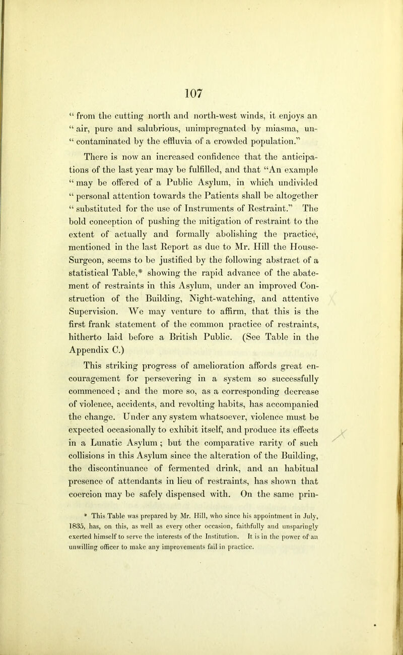 “ from the cutting north and north-west winds, It enjoys an “ air, pure and salubrious, unimpregnated by miasma, un- “ contaminated by the effluvia of a crowded population.” There is now an increased confidence that the anticipa- tions of the last year may be fulfilled, and that “An example “ may be offered of a Public Asylum, in which undivided “ personal attention towards the Patients shall be altogether “ substituted for the use of Instruments of Restraint.” The bold conception of pushing the mitigation of restraint to the extent of actually and formally abolishing the practice, mentioned in the last Report as due to Mr. Hill the House- Surgeon, seems to be justified by the following abstract of a statistical Table,* showing the rapid advance of the abate- ment of restraints in this Asylum, under an improved Con- struction of the Building, Night-watching, and attentive Supervision. We may venture to affirm, that this is the first frank statement of the common practice of restraints, hitherto laid before a British Public. (See Table in the Appendix C.) This striking progress of amelioration affords great en- couragement for persevering in a system so successfully commenced; and the more so, as a corresponding decrease of violence, accidents, and revolting habits, has accompanied the change. Under any system whatsoever, violence must be expected occasionally to exhibit itself, and produce its effects in a Lunatic Asylum; but the comparative rarity of such collisions in this Asylum since the alteration of the Building, the discontinuance of fermented drink, and an habitual presence of attendants in lieu of restraints, has shown that coercion may be safely dispensed with. On the same prln- * This Table was prepared by Mr. Hill, who since his appointment in July, 1835, has, on this, as well as every other occasion, faithfully and unsparingly exerted himself to serve the interests of the Institution. It is in the power of an unwilling officer to make any improvements fail in practice.