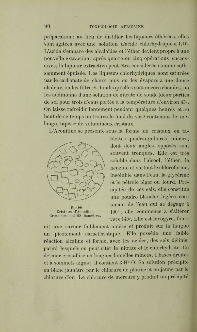 préparation : au lieu de distiller les liqueurs éthérées, elles sont agitées avec une solution d’acide chlorhydrique à 1/10. L’acide s’empare des alcaloïdes et l’éther devient propre à une nouvelle extraction; après quatre ou cinq opérations succes- sives, la liqueur extractive peut être considérée comme suffi- samment épuisée. Les liqueurs chlorhydriques sont saturées par le carbonate de chaux, puis on les évapore à une douce chaleur, on les filtre et, tandis qu’elles sont encore chaudes, on les additionne d’une solution de nitrate de soude (deux parties de sel pour trois d’eau) portée à la température d’environ 45°. On laisse refroidir lentement pendant quelques heures et au bout de ce temps on trouve le fond du vase* contenant le mé- lange, tapissé de volumineux cristaux. L’Aconitine se présente sous la forme de cristaux en ta- nit une saveur faiblement amère et produit sur la langue un picotement caractéristique. Elle possède une faible réaction alcaline et forme, avec les acides, des sels définis, parmi lesquels on peut citer le nitrate et le chlorhydrate. Ce dernier cristallise en longues lamelles minces, à bases droites et à sommets aigus ; il contient 3 H2 O. Sa solution précipite en blanc jaunâtre par le chlorure de platine et en jaune par le chlorure d’or. Le chlorure de mercure y produit un précipité blettes quadrangulaires, minces, dont deux angles opposés sont souvent tronqués. Elle est très soluble dans l’alcool, l’éther, la benzine et surtout le chloroforme, Cristaux d’Aconitine Grossissement 60 diamètres. Fig.22 vr A o/ Q/ insoluble dans l’eau, la glycérine =^/ et le pétrole léger ou lourd. Pré- y cipitée de ces sels, elle constitue une poudre blanche, légère, con- tenant de l’eau qui se dégage à 100° ; elle commence à s’altérer es. vers 140°. Elle est levogyre, four-