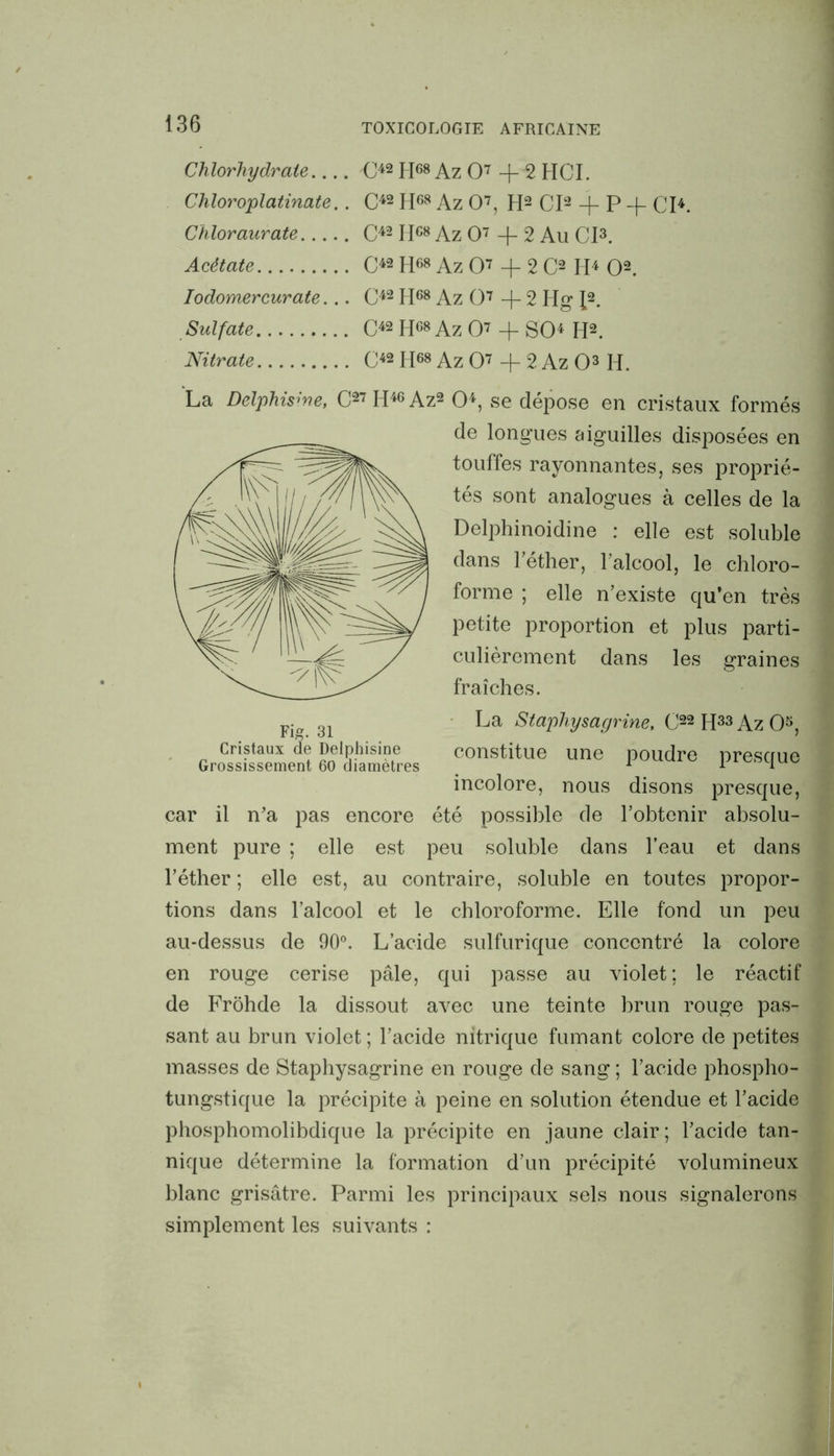 Chlorhydrate C42 H68 Az O7 + 2 HCI. Chloroplatinate.. C42 H68 Az O7, H2 CI2 -j- P + CI4. Chloraurate C42 H68 Az O7 + 2 Au CI3. Acétate C42 H68 Az O7 + 2 C2 H4 O2. Iodomercurate... C42 H68 Az O7 -f- 2 Hg I2. Sulfate C42 HG8 Az O7 + SO4 H2. Nitrate C42 H68 Az O7 + 2 Az O3 H. La Delphisme, C27H48Az2 O4, se dépose en cristaux formés de longues aiguilles disposées en touffes rayonnantes, ses proprié- tés sont analogues à celles de la Delphinoidine : elle est soluble dans Téther, l’alcool, le chloro- forme ; elle n’existe qu’en très petite proportion et plus parti- culièrement dans les graines fraîches. La Staphysagrine, C22H33Az05, constitue une poudre presque incolore, nous disons presque, car il n’a pas encore été possible de l’obtenir absolu- ment pure ; elle est peu soluble dans l’eau et dans l’éther ; elle est, au contraire, soluble en toutes propor- tions dans l’alcool et le chloroforme. Elle fond un peu au-dessus de 90°. L’acide sulfurique concentré la colore en rouge cerise pâle, qui passe au violet; le réactif de Frôhde la dissout avec une teinte brun rouge pas- sant au brun violet ; l’acide nitrique fumant colore de petites masses de Staphysagrine en rouge de sang ; l’acide phospho- tungstique la précipite à peine en solution étendue et l’acide phosphomolibdique la précipite en jaune clair; l’acide tan- nique détermine la formation d’un précipité volumineux blanc grisâtre. Parmi les principaux sels nous signalerons simplement les suivants :