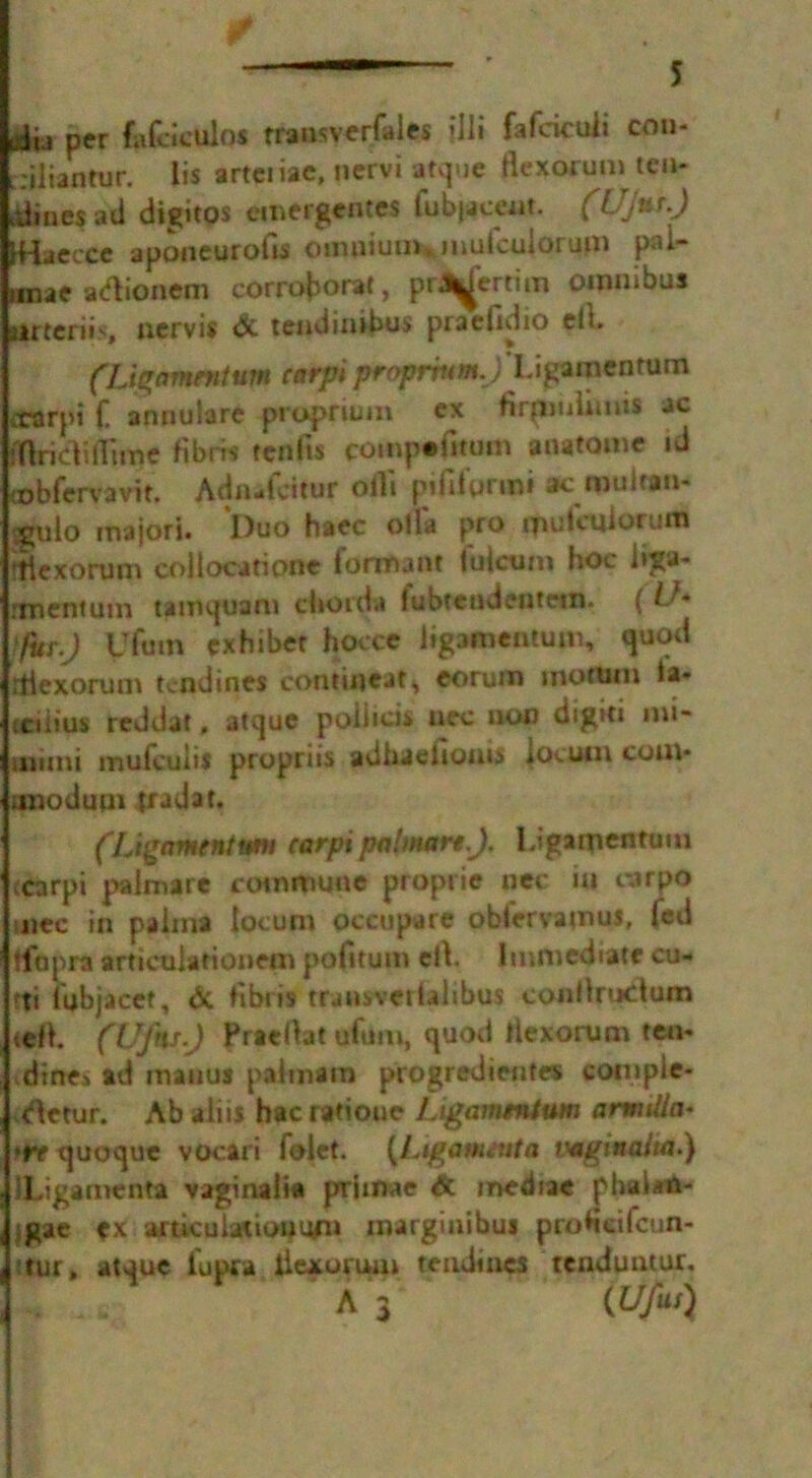 iia per fafcieulos transverfales ?*Ili fafeicuii con- L.'iliantur, lis arteiiac, nervi atque flexorum ten- >a,ues ad difntqs emergences fubjjceut. (LJJut.) Waecce aponeurotls omnium, mufcuiorum pai- nnae atftionem corro^oraf, prj^ertim omnibus iirteriis, nervis & tendimbus pracfidio ell. (Ligamrntum carpi proprhtmjUgtmcntum vrarpi f annulare propnum ex firpiuiinns ac fftridillime fibm tenfis compefmnn anatome iJ tobfervavit. Adaafeitur olli pififurmi acmulran- gulo majori. Duo haec offa pro nrvuicuioruiu rtiexorum coilocatipne formant fujctim hoc hga- rmentum tamquam chorda fubtendentetn. ( U* ffltr) Uftnn cxhibet hocce iigamentum, quod rtiexorum tcndines contineaf, eorum motmn la- tciiius reddat, atque poiiicis uec non digm mi- muni mufcuiis propriis adhaelionts |ocu*n com* tmodum trad at, (Ligamentcarpi palmare.), Ligamentuiu ccarpi palmare commune proprie net in carpo mec in paima locum pccupere oblervatnus, fed tfopra articuiationem pofttum ell. Immediate cu- ‘ti fubjacet, & fibrts traasvcrialibus conllrudum tell. (Ufas) Praellat ufum, quod tlexorum ten- dines ad matius palm am progredientes coiupie- detur. Ab aim hac ratioue Ligamentum armilia* »rr quoquc vocari folet. (Ltgauuuta mginalta.) ILigamenta vaginaiia primae & mediae phalwfc- jgae ex articulation urn marginibui proHcifcun- ttur, atque i'upca tfexovum tendmcs tcnduntur, .. .. A J WUI)