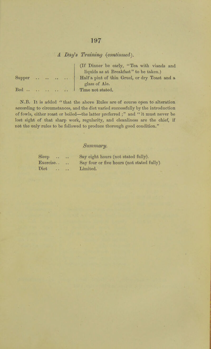 A Day's Training (continued). Supper Bed (If Dinner be early, Tea with viands and liquids as at Breakfast to be taken.) Half a pint of thin Gruel, or dry Toast and a glass of Ale. Time not stated. N.B. It is added that the above Eules are of course open to alteration according to circumstances, and the diet varied successfully by the introduction of fowls, either roast or boiled—the latter preferred ; and  it must never be lost sight of that sharp work, regularity, and cleanliness are the chief, if not the only rules to be followed to pi-oduce thorough good condition. Summary. Sleep .. .. Say eight hours (not stated fully). Exercise.. .. Say four or five hours (not stated fully) Diet .. .. Limited.