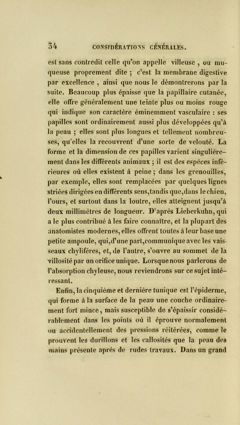 est sans contredit celle qu’on appelle villeuse , ou mu- queuse proprement dite ; c’est la membrane digestive par excellence , ainsi que nous le démontrerons par la suite. Beaucoup plus épaisse que la papillaire cutanée, elle offre généralement une teinte plus ou moins rouge qui indique son caractère éminemment vasculaire : ses papilles sont ordinairement aussi plus développées qu’à la peau ; elles sont plus longues et tellement nombreu- ses, qu’elles la recouvrent d’une sorte de velouté. La forme et la dimension de ces papilles varient singulière- ment dans les différents animaux ; il est des espèces infé- rieures où elles existent à peine ; dans les grenouilles, par exemple, elles sont remplacées par quelques lignes striées dirigées en différents sens,tandis que,dans le chien, l’ours, et surtout dans la loutre, elles atteignent jusqu’à deux millimètres de longueur. D'après Lieberkubn, qui a le plus contribué à les faire connaître, et la plupart des anatomistes modernes, elles offrent toutes à leur base une petite ampoule, qui,d’une part,communique avec les vais- seaux chylifères, et, de l’autre, s’ouvre au sommet de la Nillosilé par un orifice unique. Lorsquenous parlerons de l’absorption chyleuse, nous reviendrons sur ce sujet inté- ressant. Enfin, la cinquième et dernière tunique est l’épiderme, qui forme à la surface de la peau une couche ordinaire- ment fort mince, mais susceptible de s’épaissir considé- rablement dans les points où il éprouve normalement ou accidentellement des pressions réitérées, comme le prouvent les durillons et les callosités que la peau des mains présente après de rudes travaux. Dans un grand