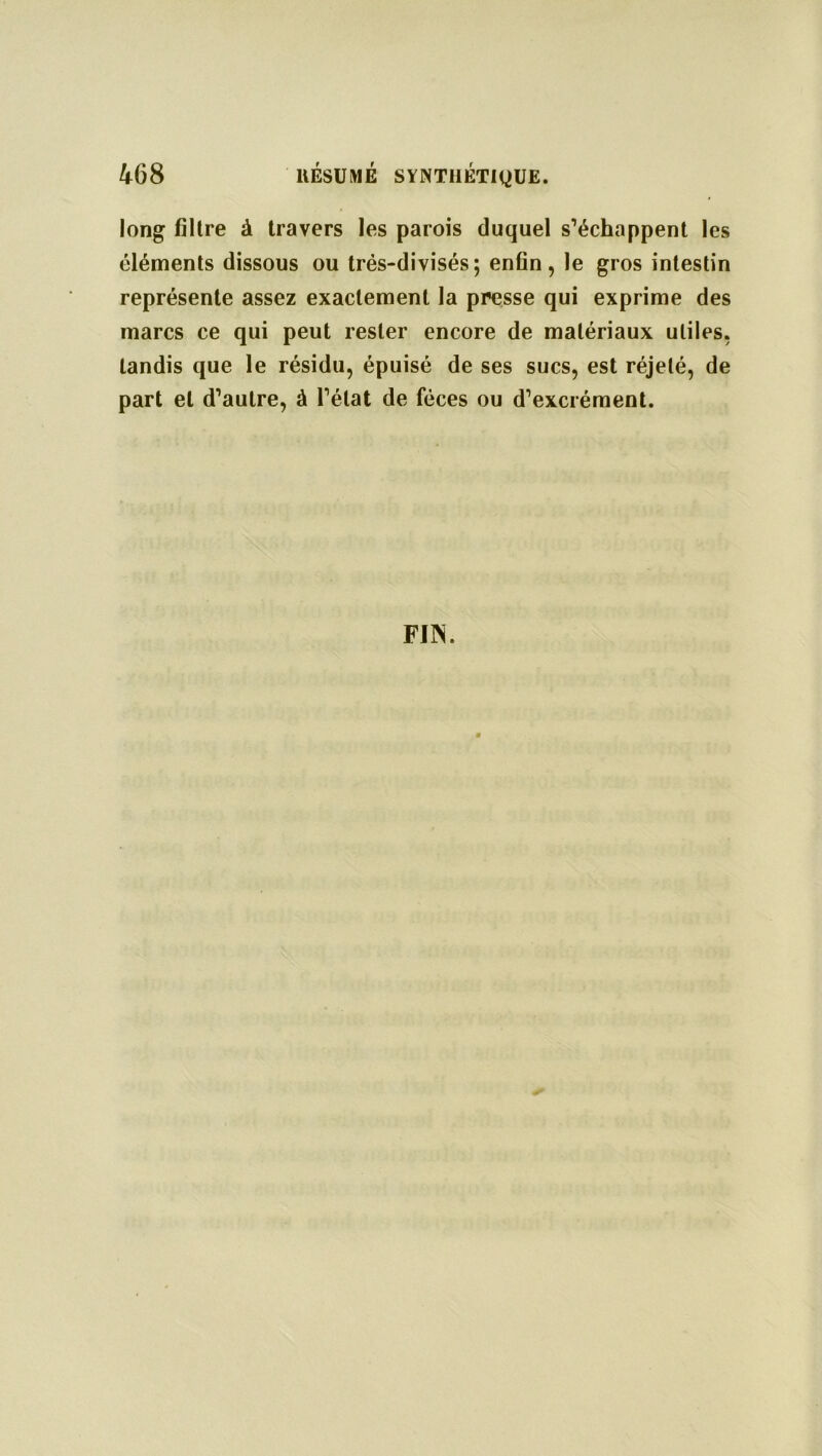 long filtre à travers les parois duquel s’échappent les éléments dissous ou trés-di visés ; enfin, le gros intestin représente assez exactement la presse qui exprime des marcs ce qui peut rester encore de matériaux utiles, tandis que le résidu, épuisé de ses sucs, est réjelé, de part et d’autre, à l’état de fèces ou d’excrément. FIN.