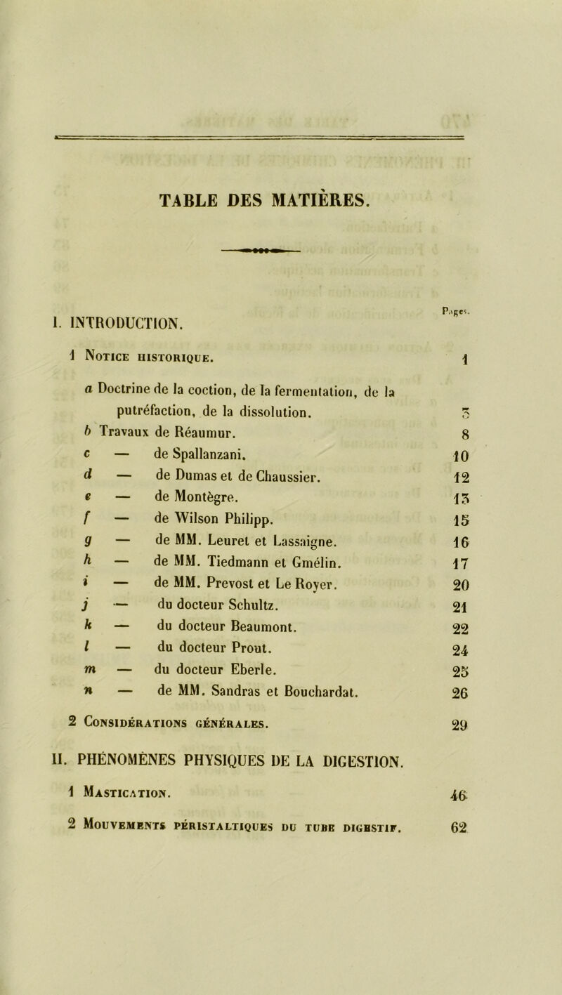 P.ige'î. 1. INTRODUCTION. 1 Notice historique. \ a Doctrine de la coction, de la fermentation, de la putréfaction, de la dissolution. b Travaux de Réaumur. 8 c — de Spallanzani. 10 d — de Dumas et de Chaussier. 12 e — de Montègre. 15 f — de Wilson Philipp. 15 9 — de MM. Leurel et Lassaigne. 16 h — de MM. Tiedmann et Gmélin. 17 i — de MM. Prévost et Le Rover. 20 j — du docteur Schultz. 21 k — du docteur Beaumont. 22 l — du docteur Prout. 24 m — du docteur Eberle. 25 n — de MM. Sandras et Bouchardat. 26 2 Considérations générales. 29 11. PHÉNOMÈNES PHYSIQUES DE LA DIGESTION. 1 Mastication. 46 2 Mouvements péristaltiques du tube digbstip. 62