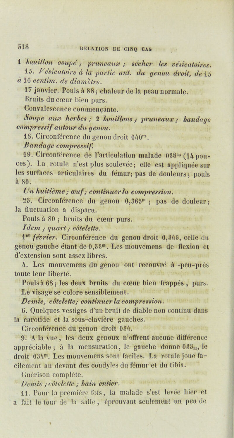 RELATION DE CINQ CAS 1 bouillon coupe ; pruneaux ; sécher les vésicatoires. 15. Fésicatoire à la partie ant. du genou droit, de 15 à 16 centim. de diamètre. 17 janvier. Pouls à 88; chaleur de la peau normale. Bruits du cœur bien purs. Convalescence commençante. Soupe aux herbes ; 2 bouillons ; pruneaux ; bandage compressif autour du genou. 18. Circonférence du genou droit 040’. Bandage compressif. 19. Circonférence de l’articulation malade 038m (14 pou- ces). La rotule n’est plus soulevée; elle est appliquée sur les surfaces articulaires du fémur; pas de douleurs ; pouls à 80. Un huitièmeœuf; continuer la compression. 23. Circonférence du genou 0,365m ; pas de douleur; la fluctuation a disparu. Pouls à 80 ; bruits du cœur purs. Idem ; quart; côtelette. 1er février. Circonférence du genou droit 0,345, celle du genou gauche étant de0,33m. Les mouvemens de flexion et d’extension sont assez libres. 4. Les mouvemens du genou ont recouvré à -peu-près toute leur liberté. Pouls à 68; les deux bruits du cœur bien frappés , purs. Le visage se colore sensiblement. Demie, côtelette; continuer la compression . 6. Quelques vestiges d’un bruit de diable non continu dans la carotide et la sous-clavière gauches. Circonférence du genou droit 034. 9. A la vue, les deux genoux n’offrent aucune différence appréciable; à la mensuration, le gauche donne 033,,,, le droit 034m. Les mouvemens sont faciles. La rotule joue fa- cilement au devant des oondyles du fémur et du tibia. Guérison complète. Demie ; côtelette ; bain entier. 11. Pour la première fois, la malade s’est levée hier et a fait le tour de la salie, éprouvant seulement un peu de