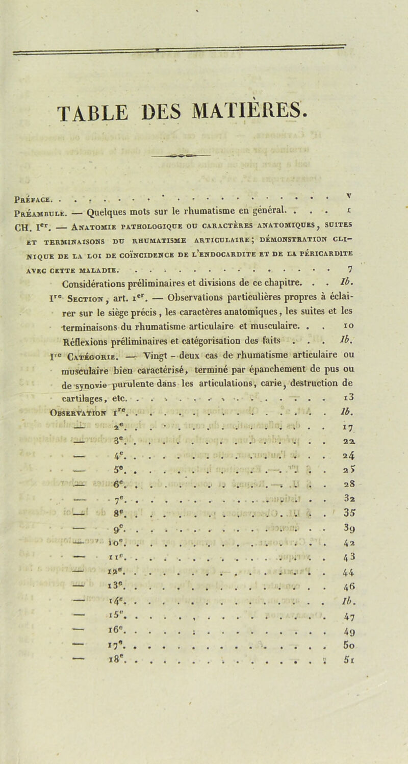 TABLE DES MATIÈRES. Préface. t y Préambule. — Quelques mots sur le rhumatisme en général. ... i CH. Ier. Anatomie pathologique ou caractères anatomiques, suites et TERMINAISONS DU RHUMATISME ARTICULAIRE ; DÉMONSTRATION CLI- NIQUE DE LA LOI DE COÏNCIDENCE DE l’eNDOCARDITE ET DE LA PÉRICARDITE AVEC CETTE MALADIE 7 Considérations préliminaires et divisions de ce chapitre. . . lb. Ire Section , art. ier. — Observations particulières propres à éclai- rer sur le siège précis , les caractères anatomiques, les suites et les terminaisons du rhumatisme articulaire et musculaire. . io Réflexions préliminaires et catégorisation des faits ... lb. I'e Catégorie. — Vingt - deux cas de rhumatisme articulaire ou musculaire bien caractérisé, terminé par épanchement de pus ou de synovie purulente dans les articulations, carie, destruction de cartilages, , etc. . . i3 Observation ire. . . . lb. 2e. . . • — 3e. . . . — 4e. . • • 24 • • 5e. . . . .—. 'J . . 2? T 6e. . . . . V ' . •. .—. .1 . . 28 — • 7e- • • ■ ;,.i .1 . j. 8e. , . . — • 9e- • • \7 ioe. . . , . — - nc. . . . — ia°. . . . — i3°. . . . — i4”. . . . — i5p. . . . — i6°. . . . — 17'. . . • — i8\ . . .