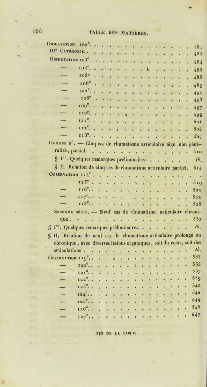 Observation 102e. . IIIe Catégorie ^gg Observation io3* _ ^ ~ Io/»e- • 486 ~ Io5° ~ Io6° — I07C ~ ‘°f 493 I09C “ 1 Ioe — Soi — n*e. . . . , 5o4 113° £07 Groupe 2 . — Cinq cas de rhumatisme articulaire aigu non géné- ralisé, partiel 5i0 § ILr. Quelques remarques préliminaires Ib. % II. Relation de cinq cas de rhumatisme articulaire partiel. 514 Observation 114e , — 115e -, 5ig — r'6e 5a i 117 * *~ • • * - —- - ....... 522 — 118e 5î8 Seconde série. — Neuf cas de rhumatisme articulaire chroni- que . - 53o § Ier. Quelques remarques préliminaires. . . . .... Ib. § II. Relation de neuf cas de rhumatisme articulaire prolongé ou chronique, avec diverses lésions organiques, soit du cœur, soit des articulations . . . ' Ib. Observation 119e 533 — 120e....... 535 — ' 121e S37 — 53g _ 54° — I24q 54a 12&e • 544 _ 545 _ 127e, • . 547 FIN DE I.A TABLE.