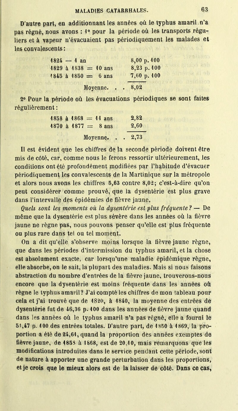 D’autre part, en additionnant les années où le typhus amaril n’a pas régné, nous avons : 1° pour la période où les transports régu- liers et à vapeur n’évacuaient pas périodiquement les malades et les convalescents : 1824 — 1 an 1829 à 1838 = 10 ans 1845 à 1850 = 6 ans 8,00 p. 100 8,23 p.100 7,60 p. 100 Moyenne. . . 8,02 2° Pour la période où les évacuations périodiques se sont faites régulièrement : 1858 à 1868 = 11 ans 2,82 1870 à 1877 = 8 ans 2,60 Moyenne. . . 2,73 Il est évident que les chiffres de la seconde période doivent être mis de côté, car, comme nous le ferons ressortir ultérieurement, tes conditions ont été profondément modifiées par l’habitude d’évacuer périodiquement les convalescents de la Martinique sur la métropole et alors nous avons les chiffres 5,63 contre 8,02; c’est-à-dire qu’on peut considérer comme prouvé, que la dysentérie est plus grave dans l’intervalle des épidémies de fièvre jaune. Quels, sont les moments où la dysentérie est plus fréquente ? — De même que la dysentérie est plus sévère dans les années où la fièvre jaune ne règne pas, nous pouvons penser qu’elle est plus fréquente ou plus rare dans tel ou tel moment. On a dit qu’elle s’observe moins lorsque la fièvre jaune règne, que dans les périodes d’intermission du typhus amaril, et la chose est absolument exacte, car lorsqu’une maladie épidémique règne, elle absorbe, on le sait, la plupart des maladies. Mais si nous faisons abstraction du nombre d’entrées de la fièvre jaune, trouverons-nous encore que la dysentérie est moins fréquente dans les années où règne le typhus amaril? J’ai compté les chiffres de mon tableau pour cela et j’ai trouvé que de 1820, à 1840, la moyenne des entrées de dysentérie fut de 46,36 p. 100 dans les années de fièvre jaune quand dans les années où le typhus amaril n’a pas régné, elle a fourni le 5t,47 p. 100 des entrées totales. D’autre part, de 1850 à 1869, la pro- portion a été de 24,61, quand la proportion des années exemptes de fièvre jaune, de 1858 à 1868, est de 20,10, mais remarquons que les modifications introduites dans le service pendant cette période, sont de nature à apporter une grande perturbation dans les proportions, et je crois que le mieux alors est de la laisser de côté. Dans ce cas,