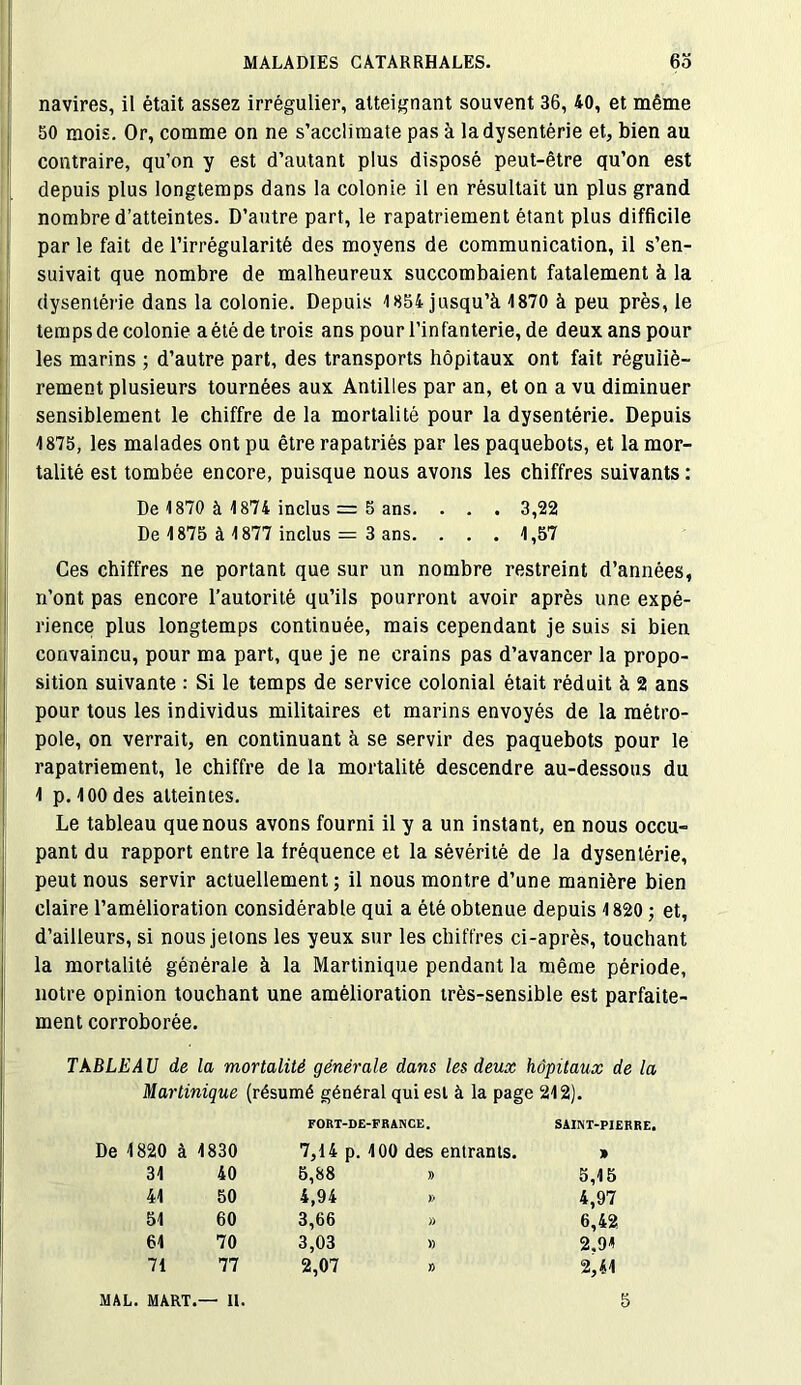 navires, il était assez irrégulier, atteignant souvent 36, 40, et même 50 mois. Or, comme on ne s’acclimate pas à ladysentérie et, bien au contraire, qu’on y est d’autant plus disposé peut-être qu’on est depuis plus longtemps dans la colonie il en résultait un plus grand nombre d’atteintes. D’antre part, le rapatriement étant plus difficile par le fait de l’irrégularité des moyens de communication, il s’en- suivait que nombre de malheureux succombaient fatalement à la dysentérie dans la colonie. Depuis 1854 jusqu’à 1870 à peu près, le temps de colonie a été de trois ans pour l’infanterie, de deux ans pour les marins ; d’autre part, des transports hôpitaux ont fait réguliè- rement plusieurs tournées aux Antilles par an, et on a vu diminuer sensiblement le chiffre de la mortalité pour la dysentérie. Depuis 1875, les malades ont pu être rapatriés par les paquebots, et la mor- talité est tombée encore, puisque nous avons les chiffres suivants : De 1870 à 1874 inclus = 5 ans. . . . 3,22 De 1875 à 1877 inclus = 3 ans. . . . 1,57 Ces chiffres ne portant que sur un nombre restreint d’années, n’ont pas encore l’autorité qu’ils pourront avoir après une expé- rience plus longtemps continuée, mais cependant je suis si bien convaincu, pour ma part, que je ne crains pas d’avancer la propo- sition suivante : Si le temps de service colonial était réduit à 2 ans pour tous les individus militaires et marins envoyés de la métro- pole, on verrait, en continuant à se servir des paquebots pour le rapatriement, le chiffre de la mortalité descendre au-dessous du 1 p. 100 des atteintes. Le tableau que nous avons fourni il y a un instant, en nous occu- pant du rapport entre la fréquence et la sévérité de la dysentérie, peut nous servir actuellement; il nous montre d’une manière bien claire l’amélioration considérable qui a été obtenue depuis 1820 ; et, d’ailleurs, si nous jetons les yeux sur les chiffres ci-après, touchant la mortalité générale à la Martinique pendant la même période, notre opinion touchant une amélioration très-sensible est parfaite- ment corroborée. TABLEAU de la mortalité générale dans les deux hôpitaux de la Martinique (résumé général qui est à la page 212). FORT-DE-FRANCE. SAINT-PIERRE. O CM oo 1830 7,14 p. 100 des entrants. » 31 40 5,88 » 5,15 41 50 4,94 » 4,97 51 60 3,66 » 6,42 61 70 3,03 » 2,91 71 77 2,07 » 2,41 MAL. MART.— Il 5