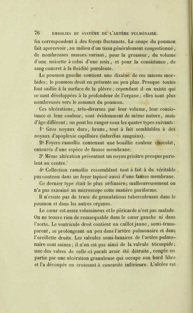 fin correspondent à des foyers fluctuants. La coupe du poumon fait apercevoir, au milieu d'un tissu généralement congestionné, de nombreuses masses variant, pour la grosseur, du volume d'une noisette à celui d'une noix, et pour la consistance, du sang concret à la fluidité purulente. Le poumon gauche contient une dizaine de ces masses mor- bides; le poumon droit en présente un peu plus. Presque toutes font saillie à la surface de la plèvre ; cependant il en existe qui se sont développées à la profondeur de l'organe ; elles sont plus nombreuses vers le sommet du poumon. Ces ulcérations, très-diverses par leur volume, leur consis- tance et leur couleur, sont évidemment de même nature, mais d'âge différent ; on peut les ranger sous les quatre types suivants : 1° Gros noyaux durs, bruns, tout à fait semblables à des noyaux d'apoplexie capillaire (infarctus sanguins). 2° Foyers ramollis contenant une bouillie couleur chocolat, entourés d'une espèce de fausse membrane. 3° Même altération présentant un noyau grisâtre presque puru- lent au centre.^ 4° Collection ramollie ressemblant tout à fait à du véritable pus contenu dans un foyer tapissé aussi d'une fausse membrane. Ce dernier type était le plus ordinaire; malheureusement on n'a pas examiné au microscope cette matière puriforme. Il n'existe pas de trace de granulations tuberculeuses dans le poumon et dans les autres organes. Le cœur est assez volumineux et le péricarde n'est pas malade. On ne trouve rien de remarquable dans le cœur gauche ni dans l'aorte. Le ventricule droit contient un caillot jaune, semi-trans- parent, se prolongeant un peu dans l'artère pulmonaire et dans l'oreillette droite. Les valvules semi-lunaires de l'artère pulmo- naire sont saines ; il n'en est pas ainsi de la valvule tricuspide; une des valves de celle-ci paraît avoir été détruite, rongée en partie par une ulcération granuleuse qui occupe son bord libre et l'a découpée en croissant à concavité inférieure. L'ulcère est