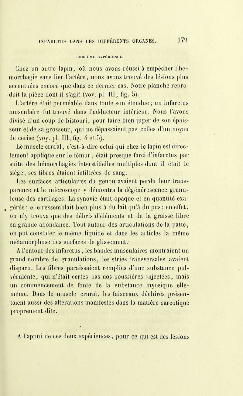 TROISIÈME EXPÉRIENCE. Chez un autre lapin, où nous avons réussi à empêcher l'hé- morrhagie sans lier Tarière, nous avons trouvé des lésions plus accentuées encore que dans ce dernier cas. Notre planche repro- duit la pièce dont il s'agit (voy. pl. III, fig. 5). L'artère était perméable dans toute son étendue; un infarctus musculaire fut trouvé dans l'adducteur inférieur. Nous l'avons divisé d'un coup de bistouri, pour faire bien juger de son épais- seur et de sa grosseur, qui ne dépassaient pas celles d'un noyau de cerise (voy. pl. III, fig. 4 et 5). Le muscle crural, c'est-à-dire celui qui chez le lapin est direc- tement appliqué sur le fémur, était presque farci d'infarctus par suite des hémorrhagies interstitielles multiples dont il était le siège; ses fibres étaient infiltrées de sang. Les surfaces articulaires du genou avaient perdu leur trans- parence et le microscope y démontra la dégénérescence granu- leuse des cartilages. La synovie était opaque et en quantité exa- , gérée ; elle ressemblait bien plus à du lait qu'à du pus ; en effet, on n'y trouva que des débris d'éléments et de la graisse libre en grande abondance. Tout autour des articulations de la patte, on put constater le même liquide et dans les articles la même métamorphose des surfaces de glissement. A l'entour des infarctus, les bandes musculaires montraient un grand nombre de granulations, les stries transversales avaient disparu. Les fibres paraissaient remplies d'une substance pul- vérulente, qui n'était certes pas nos poussières injectées, mais un commencement de fonte de la substance myosique elle- même. Dans le muscle crural, les faisceaux déchirés présen- taient aussi des altérations manifestes dans la matière sarcotique proprement dite. A l'appui de ces deux expériences, pour ce qui est des lésions