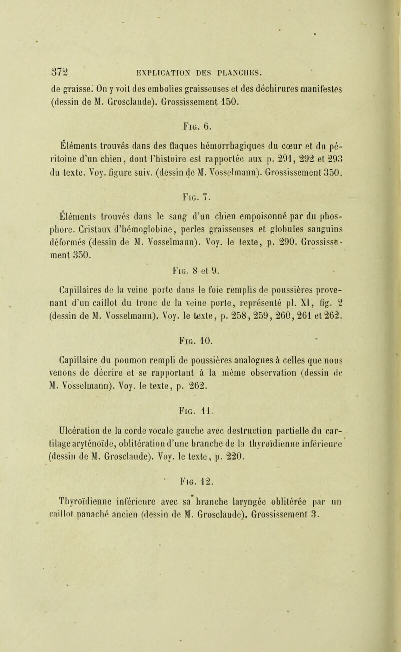 de graisse. On y voit des embolies graisseuses et des déchirures manifestes (dessin de M. Grosclaude). Grossissement 150. Fia. 6. Éléments trouvés dans des flaques hémorrhagiques du cœur et du pé- ritoine d'un chien, dont l'histoire est rapportée aux p. 291, 292 et 293 du texte. Voy. figure suiv. (dessin de M. Vosselmann). Grossissement 350. Fig. 7. Éléments trouvés dans le sang d'un chien empoisonné par du phos- phore. Cristaux d'hémoglobine, perles graisseuses et globules sanguins déformés (dessin de M. Vosselmann). Voy. le texte, p. 290. Grossisse- ment 350. Fig. 8 et 9. Capillaires de la veine porte dans le foie remplis de poussières prove- nant d'un caillot du tronc de la veine porte, représenté pl. XI, fig. 2 (dessin de M. Vosselmann). Voy. le texte, p. 258, 259, 260, 261 et 262. Fig. 10. Capillaire du poumon rempli de poussières analogues à celles que nous venons de décrire et se rapportant à la même observation (dessin de M. Vosselmann). Voy. le texte, p. 262. Fig. 11. Ulcération de la corde vocale gauche avec destruction partielle du car- tilage arylénoïde, oblitération d'une branche de la thyroïdienne inférieure (dessin de M. Grosclaude). Voy. le texte, p. 220. ' Fig. 12. Thyroïdienne inférieure avec sa branche laryngée oblitérée par un caillot panaché ancien (dessin de M. Grosclaude). Grossissement 3.