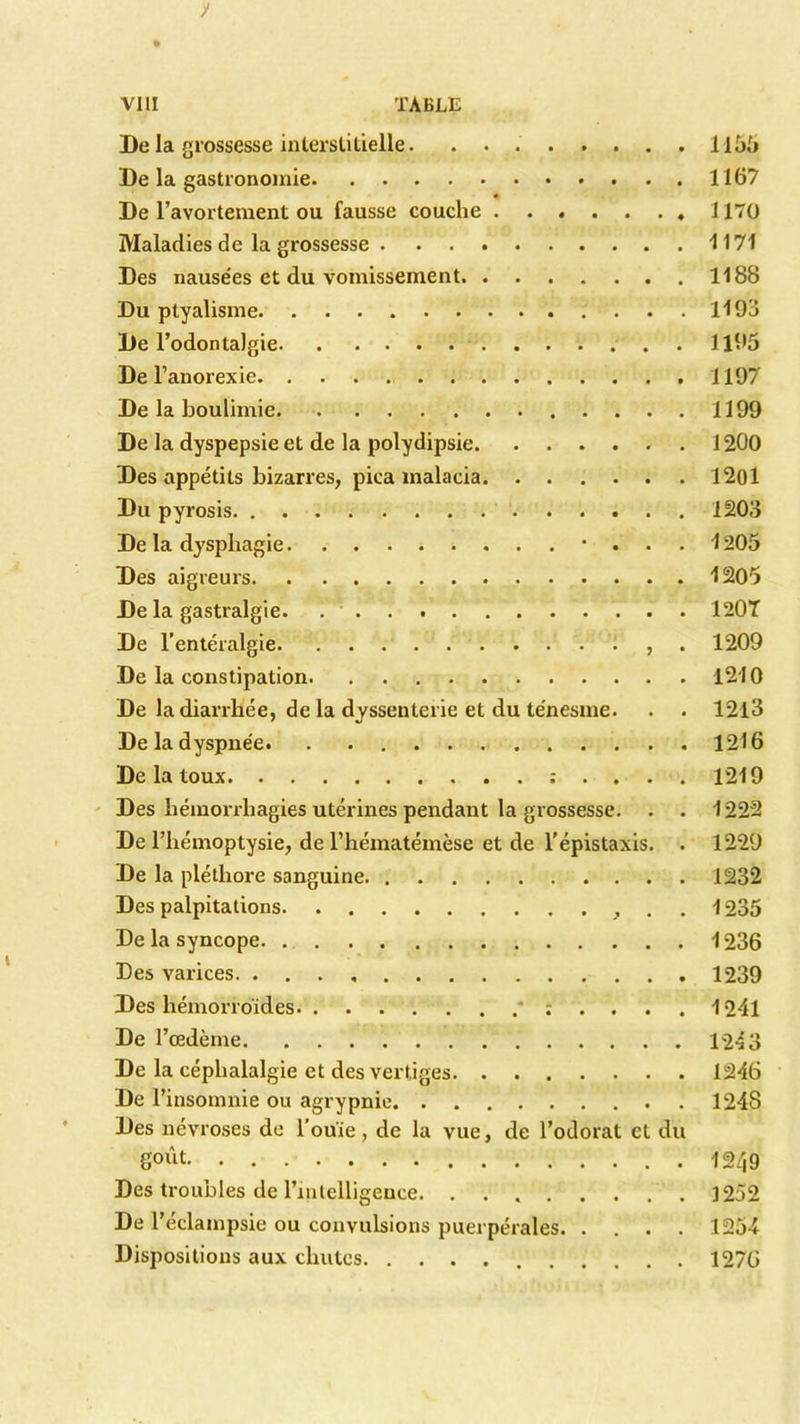 De la grossesse interstitielle 1151» De la gastronomie 1167 De l’avortement ou fausse couche 1170 Maladies de la grossesse 1171 Des nausées et du vomissement 1188 Du ptyalisme 1193 De l’odontaJgie 1195 De l’anorexie 1197 De la boulimie 1199 De la dyspepsie et de la polydipsie . 1200 Des appétits bizarres, pica malacia 1201 Du pyrosis 1203 De la dysphagie • . • . 1205 Des aigreurs 1205 De la gastralgie. 1207 De l’entéralgie , 1209 De la constipation 1210 De la diarrhée, de la dyssenterie et du ténesme. . . 1213 De la dyspnée. . 1216 De la toux : ... . 1219 Des hémorrhagies utérines pendant la grossesse. . . 1222 De l’hémoptysie, de l’hématémèse et de l'épistaxis. . 1229 De la pléthore sanguine 1232 Des palpitations . 1235 De la syncope 1236 Des varices. 1239 Des hémorroïdes 1241 De l’œdème 1243 De la céphalalgie et des vertiges 1246 De l’insomnie ou agrypnie 1248 Des névroses de l’ouïe , de la vue, de l’odorat et du goût 1249 Des troubles de l’intelligence. 1252 De l’éclampsie ou convulsions puerpérales 1254 Dispositions aux chutes 1276