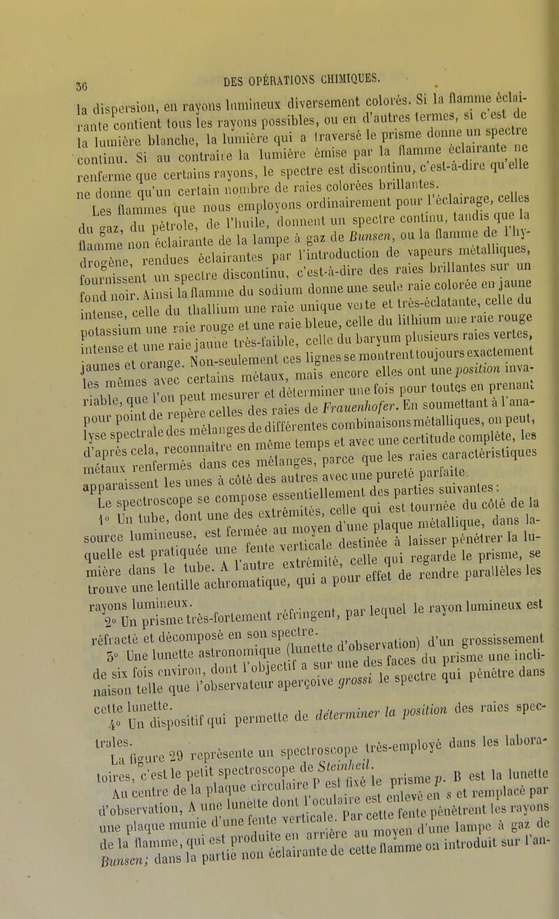 la dispei-siou, en rayons lumineux diversement colorés. Si la Hamme éclai- rante contient tous L rayons possibles, ou en d'autres termes, si c es de a luruiére blanche, la lumière qui a traversé le pnsme donne u sp^ continu. Si au contraire la lumière ^-'^^ ^^T^t^ M renferme que certains rayons, le spectre est discontinu, c est-a-d.rc qu elle np donne qu'un certain nombre de raies colorées brillantes ^LeHamtes que nous employons ordinairemeiU pour l'ecl^e' - ' du <^az, du pétrole, de l'iuiile, donnent un spectre contniu, tandis que a fl mm nonilairanle de la lampe à gaz de Bunsen ou la llamme d h - dîôZe rendues éclairantes par l'introduction de vapeurs métalliques S 1 un spectre discontinu, c'est-à-dire des raies bn lantes sur un nn W Ainsi la flamme du sodium donne une seule raie colorée en jaune al e ce le du thallium une raie unique ve.te et très-éclatante, celle du TlTle v^ie rou-e et une raie bleue, celle du lithium une raie rouge £ eTri^eilmif très-laibl^^ celle du baryum plusieurs raies ver^s n ^Ps et oranc^e Non-seulement ces lignes se montrent toujours exactement jaunesetoran e. i>o ^^^^^^ elles ont une posit^oninva- ren^:r dri Xi^P^rce que les raies caractéristiques rnna aissent les unes à côté des autres avec une pureté parfaite. ^^[r:;S^:scope se con;pose ^.U^lem^t ,0 uibe, ^1°^ métallique, dans la- source lumineuse, est feiraee au moyen y i quelle est pratiquée une fente ^'^f .^^^ re:arde le prisme, se ^mière dans le tube. A l'autre ^^^^^.'^^^^^'^^f l'^^^re parallèles les trouve une lentille achromatique, qui a pour ettet P rayons lumineux. • p.troni mr leciuel le rayon lumineux est 2° Un prisme très-fortement réfringent, pai lequei j réfracté et décomposé en son ^V^^^'^' d'observation) d'un grossissement 50 Une lunette astronomique (lunette ^ «^^^^JJ^ ^ismc une incli- de six fois environ, dont l'objectif a sur f^^;;^^ ^ j ^,,èlre dans naison telle que l'observateur aperçoive grosse le specl. e q p 40 l;:^ dl^ositif qui permette de détern^er la posUion des raies spec- ''tTf.^ure29 représente un spectroscope très-employé dans les labora^ loii4s, c;estlepetitspectroscopede S^an^^^^^ ^^^^^^^^ Au centre de la plaque circulaire P e fi c P^^.sme F ^ , d'observation, A une ^^f^'^^'^^' - r^'Z^^^^^ '^^ une plaque munie d'une fente lampe à ga. de