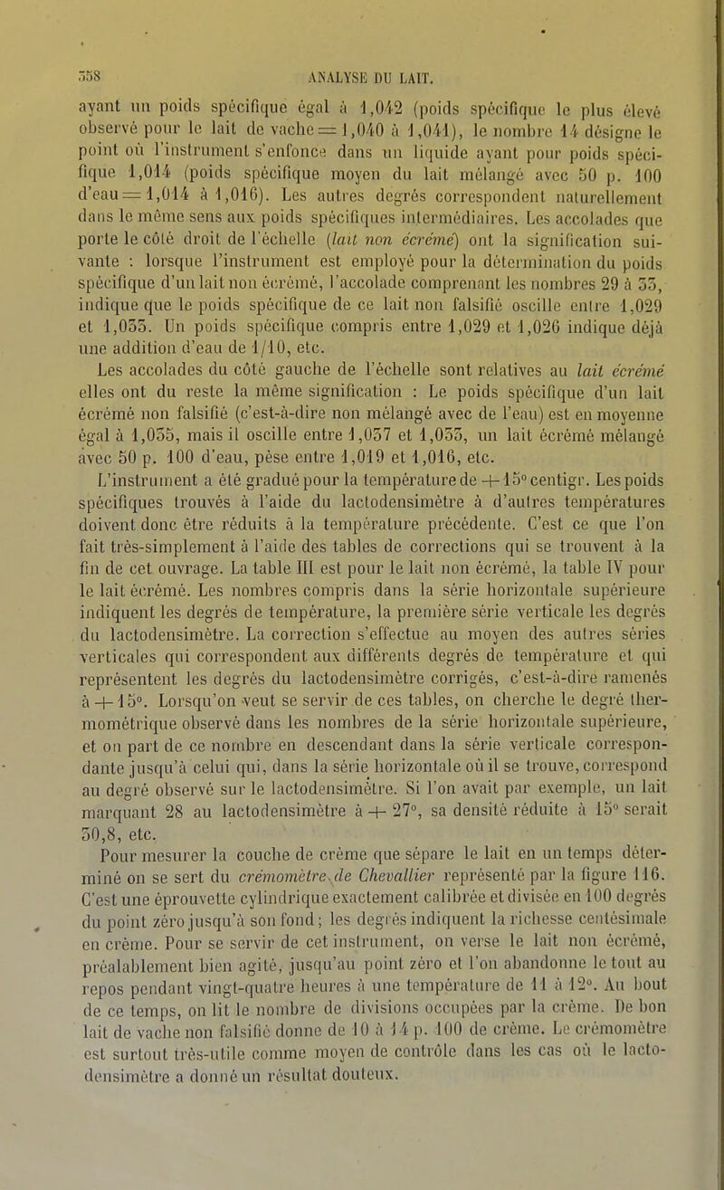 ayant un poids spécifique égal à 1,042 (poids spécifique le plus élevé observé pour le lait de vache = 1,040 à d,041), le nombre 14 désigne le point où l'instrumenl s'cnfoncti dans un liquide ayant pour poids spéci- fique 1,014 (poids spécifique moyen du lait mélangé avec 50 p. 100 d'eau= 1,014 à 1,016). Les autres degrés correspondent naturellement dans le même sens aux poids spécifiques intermédiaires. Les accolades que porte le côté droit de l'échelle {lait non écrémé) ont la signification sui- vante : lorsque l'instrument est employé pour la détermination du poids spécifique d'un lait non écrémé, l'accolade comprenant les nombres 29 à 53, indique que le poids spécifique de ce lait non falsifié oscille cnlre 1,029 et 1,035. Un poids spécifique compris entre 1,029 et 1,020 indique déjà une addition d'eau de 1/10, etc. Les accolades du côté gauche de l'échelle sont relatives au lait écrémé elles ont du reste la même signification : Le poids spécifique d'un lait écrémé non falsifié (c'est-à-dire non mélangé avec de l'eau) est en moyenne égal à 1,055, mais il oscille entre 1,057 et 1,055, un lait écrémé mélangé avec 50 p. 100 d'eau, pèse entre 1,019 et 1,016, etc. L'instrument a été gradué pour la température de +15° centigr. Les poids spécifiques trouvés à l'aide du laclodensimètre à d'autres températures doivent donc être réduits à la température précédente. C'est ce que l'on fait très-simplement à l'aide des tables de corrections qui se trouvent à la fin de cet ouvrage. La table lll est pour le lait non écrémé, la table IV pour le lait écrémé. Les nombres compris dans la série horizontale supérieure indiquent les degrés de température, la première série verticale les degrés du lactodensiniètre. La correction s'effectue au moyen des autres séries verticales qui correspondent aux différents degrés de température et qui représentent les degrés du lactodensimètre corrigés, c'est-à-dire ramenés à-{-15o. Lorsqu'on veut se servir de ces tables, on cherche le degré ther- mométrique observé dans les nombres de la série horizontale supérieure, et on part de ce nombre en descendant dans la série verticale correspon- dante jusqu'à celui qui, dans la série horizontale où il se trouve, con'espond au degré observé sur le lactodensimètre. Si l'on avait par exemple, un lait marquant 28 au lactodensimètre à + 27°, sa densité réduite à 15° serait 30,8, etc. Pour mesurer la couche de crème que sépare le lait en un temps déter- miné on se sert du crémomètre.de Chevallier représenté par la figure 116. C'est une éprouvette cylindrique exactement calibrée et divisée en 100 degrés du point zéro jusqu'à son fond; les degrés indiquent la richesse centésimale en crème. Pour se servir de cet instrument, on verse le lait non écrémé, préalablement bien agité, jusqu'au point zéro et l'on abandonne le tout au repos pendant vingt-quatre heures à une température de H à 12°. Au bout de ce temps, on lit le nombre de divisions occupées par la crème. De bon lait de vache non falsifié donne de 10 à 14 p. 100 de crème. Le crémomètre est surtout très-utile comme moyen de contrôle dans les cas où le lacto- densimètre a donné un résultat douteux.