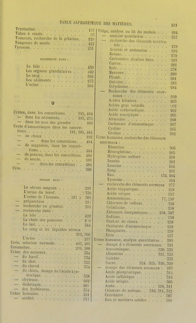 Tristéarinc 157 Tubes à essais 53 Tumeurs, recherche de la gélatine. . 120 Tungstate de soude -il Tyrosine 521 luîcnEnciiE UA\s I^;> Wle 430 Les organes glandulaires ... 509 I-e sang gojj Les sédiments 273 L'urine '204 U Urates, dans les concrétions. . . 185,484 — dans les sédiments 183, 275 — dans les sucs des glandes . . . 409 Urate d'ammoniaque dans les concré- 18-1, 185, 484 — de chaux 182 — — dans les concrétions. . 484 — de magnésie, dans les concré- tions 484 — de potasse, dans les concrétions. 48i — de soude I8I — dans les concrétions . . 484 208 DOSAGE DANS : Ilriije, analyse au lit du malade ... 284 — analyse qualitative 257 ~ recherche des éléments acciden- , 278 Arsenic et antimoine 282 Brome 97g Carijonatcs alcalins lixes. . . . 283 Cuivre Iode Mercure Plomb 281 278 280 281 Urée. Le sérum sanguin 595 L'urine du bœuf ■ 330 L'urine de l'homme. . . 287 à 301 — préparation 211 — recherche en général 211 — recherche dans : La bile 420 La chair des poissons 4 0 Le lait 344 Le sang et les liquides séreux • 212, 300 L'urine 257 Urée, solution normale 493, 495 Uréomctre 299'500 Urine des animaux 354 — du bœuf 334 — du chat 325 — du cheval 334 — du chien, dosage de l'acide kya- niirique 338 — cJiyleuse 202 — diabétique 201 — des herbivores 534 Drine humaine 251 — acidité 317 Quinine • i.>83 Strychnine 284 — Recherche des éléments anor- maux : 200 Acides bihaires 205 Acides gras volatils -.02 Acide sarkolactique 202 Acide succijiique 205 Albuuiine 200 Carbonate d'ammoniaque . . . 207 Cystine . 203 Graisse 202 Urine humaine, recherche des éléments anormaux : Hémaline 206 Hémoglobine 265 Hydrogène sulfuré 208 Inosite 261 Leucine 204 Sang • . . . . 261 Eau 134,204 Tyrosine 264 — recherche des éléments normaux 277 Acide hippurique 258 Acide urique. . . • 257 Ammoniaque 77, 25? Chlorure de sodium 258 Créatiuine. 258 Eléments inorganiques. . . 258, 307 Indicau 258 OxaLite de chaux. 258 Oxalurate d'ammoniaque . . . 258 Phosphates 259 Urée 257 285 321 531 27. Urine humaine, analyse quantitative . — dosage d,s éléments anormaux. Amuioniaque 350 Albumine 321, Quinine 335 Sucre 524, 325, 326, 329 — dosage des éléments normaux : '287 Acide phospliorique 31 i Acide ï^ulfurique 310 Acide uri(iue 505 Azote 318,311 Chlorure de sodium. . 510,311,512 Créatinine. . . 597 Eau et matières solides .... 310