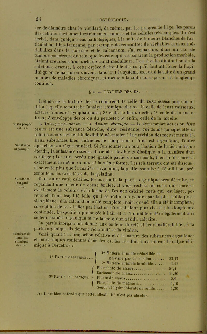 Tissu propre des os. Substance organique. Substance inorgani- que. HiJsullats de l'analyse chimique (les os. 1er de diamètre chez le vieillard, de mCme, par les progrès de l'âge, les parois des cellules deviennent extrêmement minces et les cellules très-amples. Il m'esl arrivé, dans quelques cas pathologiques, à la suite de tumeurs blanches de l'ar- ticulation tibio-tarsienne, par exemple, de rencontrer de véritables canaux mé- dullaires dans le cuboïde et le calcanéum. J'ai remarqué, dans un cas de tumeur pancéreusedu sein, que les côtes qui avoisinaient la production morbide, étaient creusées d'une sorte de canal médullaire. C'est à cette diminution de la substance osseuse, à cette espèce d'atrophie des os qu'il faut attribuer la fragi- lité qu'on remarque si souvent dans tout le système osseux à la suite d'un grand nombre de maladies chroniques, et même à la suite du repos au lit longtemps continué. § 3. — TEXTURE DES OS. • L'étude de la texture des os comprend \° celle du tissu osseux propi-emenl dit, à laquelle se rattache l'analyse cliimique des os; 2° celle de leurs vaisseaux, artères, veines et lymphatiques ; 3^ celle de leurs nerfs ; 4° celle de la mem- brane d'enveloppe des os ou du périoste ; 5 enfin, celle de la moelle. I. Tissu propre des os. — A. Analyse chimique. — Le tissu propre des os ou tissu osseux est une substance blanche, dure, résistante, qui donne au squelette sa solidité et aux leviers l'inflexibilité nécessaire à la précision des mouvements (t). Deux substances bien distinctes le composent : l'une est organique, l'autre appartient au règne minéral. Si l'on soumet un os à l'action de l'acide nitrique étendu, la substance osseuse deviendra flexible et élastique, à la manière d'un cartilage ; l'os aura perdu une grande partie de son poids, bien qu'il conserve exactement le môme volume et la même forme. Les sels terreux ont été dissous ; il ne reste plus que la matière organique, laquelle, soumise à l'ébuUition, pré- sente tous les caractères de la gélatine. D'un autre côté, calcinez les os : toute la partie organique sera détruite, en répandant une odeur de corne brûlée. 11 vous restera un corps qui conserve exactement le volume et la forme de l'os non calciné, mais qui est léger, po- reux et d'une fragilité telle qu'il se réduit en poudre par la plus faible pres- sion ; blanc, si la calcination a été complète ; noir, quand elle a été incomplète ; susceptible de se vitrifier par l'action d'une chaleur plus vive et plus longtemps continuée. L'exposition prolongée à l'air et à l'humidité enlève également aux os leur matière organique et ne laisse qu'un résidu calcaire. La partie inorganique donne aux os leur dureté et leur inaltérabilité ; à la partie organique ils doivent l'élasticité et la vitalité. Voici, quant à la proportion relative et à la nature des substances organiques et inorganiques contenues dans les os, les résultats qu'a fournis l'analyse chi- mique à Bei-zélius : { 1° Mntière animale réductible en 1° PAnTiE ORGANIQUE....I gélatine par la coclion 32,17 ( i° Matière animale insoluble / Pliosphate de chaux 51,4 \ Carbonate de chaux 11,30 2 PAUTtE iNORGAisiQUE. / Finale de chaux 2, / Pliosphate de magnésie 1,I6 V Soude et hydrochlorate de soude 1,20 (1) Il est bien entendu que cette innexibilité n'est pas absolue.