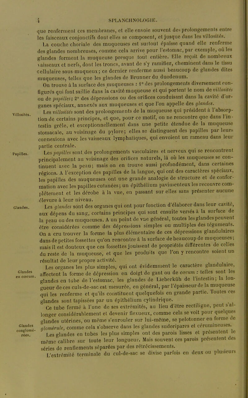 Villosités. Papilles. Glandes. Glandes en cœcuin Glandes conglomé- rées. \ SPLANCIINOLOGli:. que rerifernicnt ces meinbi anes, et elle envoie souvent des prolongements entre les faisceaux conjonclifs doni elles se composent, et jusque dans les villosités. La couche choriale des muqueuses est surtout épaisse quand elle renferme des glandes nombreuses, comme cela arrive pour l'estomac, par exemple, où les glandes forment la muqueuse presque tout entière, lîlle reçoit de nombreux \ aisseaux et nerfs, dont les troncs, avant de s'y ramifier, cheminent dans le tissu cellulaire sous muqueux ; ce dernier renferme aussi beaucoup de glandes dites muqueuses, telles que les glandes de Brunner du duodénum. On trouve à la surface des muqueuses : 1° des prolongements diversement ron- egurés qui font saillie dans la cavité muqueuse et qui portent le nom àevillosilés ou de papilles; i des dépressions ou des orifices conduisant dans la cavité d'or- ganes spéciaux, annexés aux muqueuses et que l'on appelle des glandes.^ Les villosités sont des prolongements de la muqueuse qui président à l'absorp- tion de certains principes, et que, pour ce motif, on ne rencontre que dans l'in- testin grêle, et exceptionnellement dans une petite étendue de la muqueuse stomacale, au voisinage du pylore; elles se distinguent des papilles par leurs connexions avec les vaisseaux lymphatiques, qui envoient un rameau dans leur partie centrale. Les papilles sont des prolongements vasculaires et nerveux qui se rencontrent principalement au voisinage des orifices naturels, là où les muqueuses se con- tinuent avec la peau; mais on en trouve aussi profondément, dans certaines régions. A l'exception des papilles de la langue, qui ont des caractères spéciaux, les papilles des muqueuses ont une grande analogie de structure et de confor- mation avec les papilles cutanées; un épithélium pavinicnteux les recouvre com- plètement et les dérobe à la vue, en passant sur elles sans présenter aucune élevure à leur niveau. Les glandes sont des organes qui ont pour fonction d'élaborer dans leur cavité, aux dépens du sang, certains principes qui sont ensuite versés à la surface de la peau ou des muqueuses. A un point de vue général, toutes les glandes peuvent être considérées comme des dépressions simples ou multiples des téguments. On a cru trouver la forme la plus élémentaire de ces dépressions glandulaires dans de petites fossettes qu'on rencontre à la surface de beaucoup de muqueuses; mais il est douteux que ces fossettes jouissent de propriétés dift'érenles de celles du reste de la muqueuse, et que les produits que l'on y rencontre soient un résultat de leur propre activité. Les organes les plus simples, qui ont évidemment le caractère glandulaire, affectent la forme de dépression en doigt de gant ou de cœcum : telles sont les glandes en tube de l'estomac, les glandes de Lieberkûh de l'intestin; la lon- gueur de ces culs-de-sac est mesurée, en général, par l'épaisseur de la muqueuse qui les renferme et qu'ils constituent quelquefois en grande partie. Toutes ces glandes sont tapissées par un épithélium cylindrique. Ce tube fermé à l'une de ses extrémités, au lieu d'être rectiligne, peut s'al- longer considérablement et devenir flexueux, comme cela se voit pour quelques glandes utérines, ou même s'enrouler sur lui-même, se pelotonner en forme de glomérule, comme cela s'observe dans les glandes sudoriparcs et cérumincuses. Les glandes en tubes les plus simples ont des parois lisses et présentent le mO.me calibre sur toute leur longueur. Mais souvent ces parois présentent des séries de rennements séparées par des rétrécissements. L'extrémité terminale du cul-de-sac se divise parfois en deux ou plusieurs