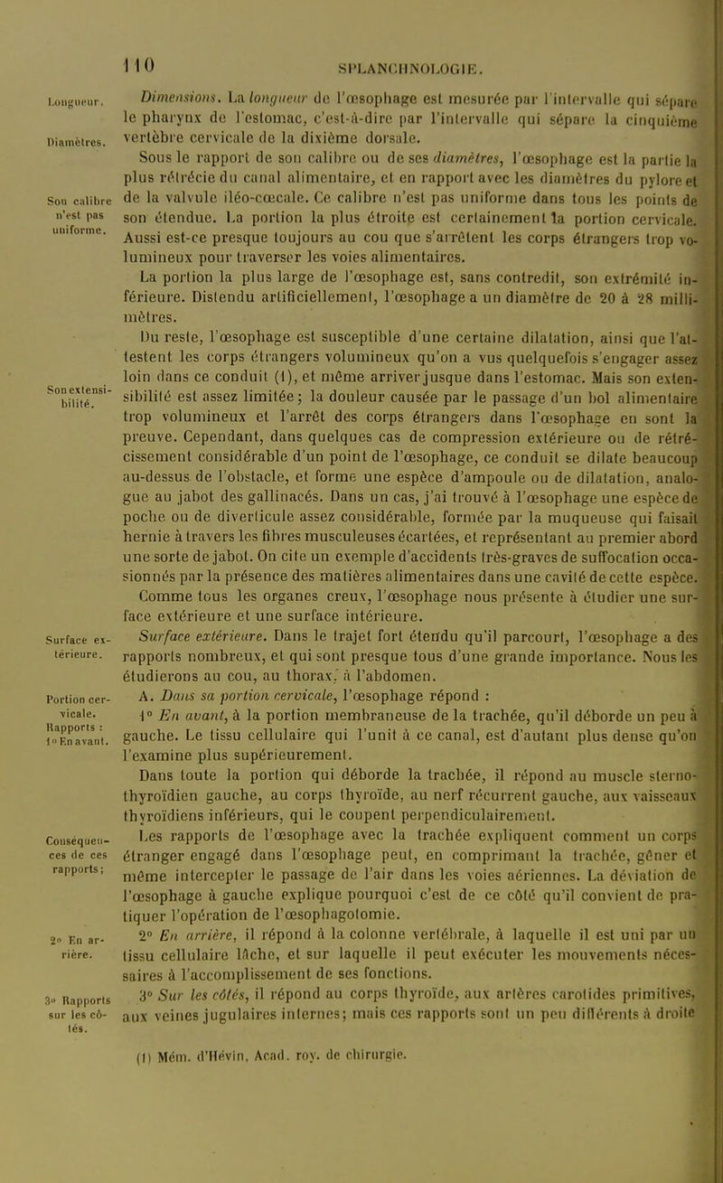 I.oiigiit'ur. Diamètres. Son calibre nVst pas unirorme. l'inlorvalle qui sépare sépare, la cinquième Son exlensi- bilité. Surface ex- térieure. Portion cer- Tiicale. Happons : t  F.n avant. Conséquen- ces (le ces rapports; 2 En ar- rière. S Rapports sur les cô- tés. Dimeiuions. La longueur de l'œsophage est mesurée par le pharynx de l'cslomac, c'esl-tl-dire par l'inlervalle qui vertèbre cervicale de la dixième dorsale. Sous le rapport de son calilirc ou de ses diamètres, l'oesophage est la partie la plus rélréciedu canal alimentaire, et en rapport avec les diamètres du pylore et de la valvule iléo-cœcale. Ce calibre n'est pas uniforme dans tous les points de son étendue. La portion la plus étroite est certainement la portion cervicale. Aussi est-ce presque toujours au cou que s'arrêtent les corps étrangers trop vo- lumineux pour traverser les voies alimentaires. La portion la plus large de l'œsophage est, sans contredit, son extrémité in- férieure. Distendu arlificiellemeni, l'œsophage a un diamèlre de 20 à '28 milh- mètres. Du reste, l'œsophage est susceptible d'une certaine dilatation, ainsi que l'at- testent les corps étrangers volumineux qu'on a vus quelquefois s'engager assez loin dans ce conduit (i), et même arriver jusque dans l'estomac. Mais son exten- sibililé est assez limitée; la douleur causée par le passage d'un bol alimenlaire trop volumineux et l'arrêt des corps étrangers dans l'œsophage en sont la preuve. Cependant, dans quelques cas de compression extérieure ou de rétré- cissement considérable d'un point de l'œsophage, ce conduit se dilate beaucoup au-dessus de l'obstacle, et forme une espèce d'ampoule ou de dilatation, analo- gue au jabot des gallinacés. Dans un cas, j'ai trouvé à l'œsophage une espèce de poche ou de diverlicule assez considérable, formée par la muqueuse qui faisait hernie à travers les fibres musculeuses écartées, et représentant au premier abord une sorte de jabot. On cite un exemple d'accidents li-ès-graves de suffocation occa- sionnés parla présence des matières alimentaires dans une cavilé de cette espèce. Comme tous les organes creux, l'œsophage nous présente à étudier une sur- face extérieure et une surface intérieure. Surface extérieure. Dans le trajet fort étendu qu'il parcourt, l'œsophage a des rapports nombreux, et qui sont presque tous d'une grande importance. Nous les étudierons au cou, au thorax.' à l'abdomen. A. Dans sa portion cervicale, l'œsophage répond : 1 En avant, à la portion membraneuse de la trachée, qu'il déborde un peu ' gauche. Le tissu cellulaire qui l'unit à ce canal, est d'autant plus dense qu'on l'examine plus supérieurement. Dans toute la portion qui déborde la trachée, il répond au muscle sterno- thyroïdien gauche, au corps thyroïde, au nerf récurrent gauche, aux vaisseaux thyroïdiens inférieurs, qui le coupent perpendiculairement. Les rapports de l'œsophage avec la trachée expliquent comment un corps étranger engagé dans l'œsophage peut, en comprimant la trachée, gêner et môme intercepter le passage de l'air dans les voies aériennes. La déviation de l'œsophage à gauche explique pourquoi c'est de ce côté qu'il convient de pra- tiquer l'opération de l'œsopliagolomie. 2 En arrière, il répond à la colonne ver(éi)rale, à laquelle il est uni par un tissu cellulaire lAche, et sur laquelle il peut exécuter les mouvements néces- saires à l'accomplissement de ses fonctions. 3» Sur les côtés, il répond au corps thyroïde, aux arlères carotides primitives, aux veines jugulaires inlernes; mais ces rapports sont un peu difiérentR ;\ droite (1) Méin. d'Hévin. Acad. rov. de cliirtirgie.