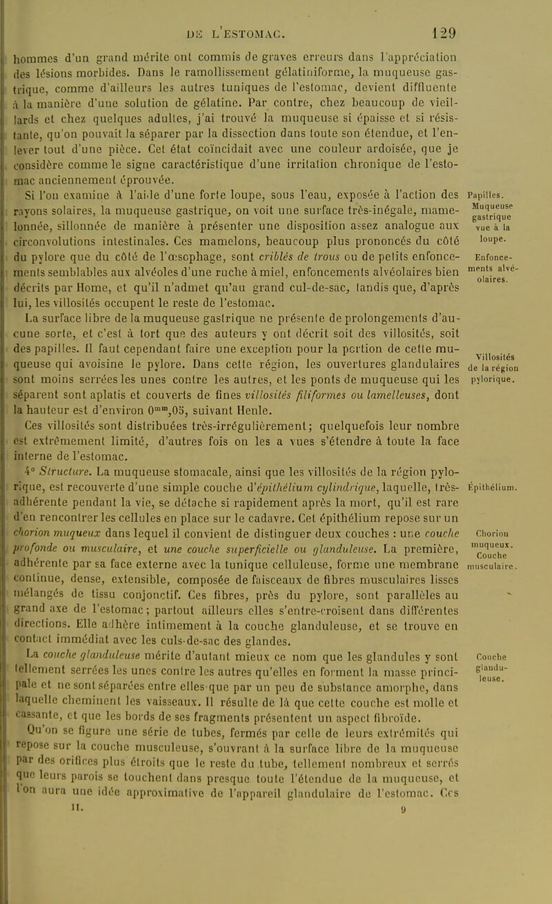 hommes d'un grand mérite ont commis de graves erreurs dans l'apprc'cialion (les lésions morbides. Dans le ramollissement gélatiniformc, la muqueuse gas- tiique, comme d'ailleurs les autres tuniques de Feslomac, devient diffluenle i la manière d'une solution de gélatine. Par contre, chez beaucoup de vieil- lards et chez quelques adultes, j'ai trouvé la niuqueusc si épaisse et si résis- lunle, qu'on pouvait la séparer par la dissection dans toute son étendue, et l'en- lever tout d'une pièce. Cet état coïncidait avec une couleur ardoisée, que je ronsidére comme le signe caractéristique d'une irritation chronique de l'csto- aiac anciennement éprouvée. Si l'on examine à l'aiile d'une forte loupe, sous l'eau, exposée à l'action des rayons solaires, la muqueuse gastrique^ on voit une surface trés-inégale, mame- lonnée, sillonnée de manière à présenter une disposition assez analogue aux circonvolutions intestinales. Ces mamelons, beaucoup plus prononcés du côté du pylore que du côté de l'œsophage, sont criblés de irons ou de petits enfonce- ments semblables aux alvéoles d'une ruche à miel, enfoncements alvéolaires bien décrits par Home, et qu'il n'admet qu'au grand cul-de-sac^ tandis que, d'après lui, les villosités occupent le reste de l'estomac. La surface libre de la muqueuse gastrique ne présente de prolongements d'au- cune sorte, et c'est à tort que des auteurs y ont décrit soit des villosités, soit des papilles. Il faut cependant faire une exception pour la portion de cette mu- queuse qui avoisine le pylore. Dans cette région, les ouvertures glandulaires sont moins serrées les unes contre les autres, et les ponts de muqueuse qui les séparent sont aplatis et couverts de fines villosités filiformes ou lamelleuses, dont la hauteur est d'environ 0°,0o, suivant Henle. Ces villosités sont distribuées très-irrégulièrement; quelquefois leur nombre est extrêmement limité, d'autres fois on les a vues s'étendre à toute la face interne de l'estomac. 4° Structure. La muqueuse stomacale, ainsi que les villosités de la région pylo- rique, est recouverte d'une simple couche li'épilhélium cylindrique, laquelle, très- adiiérente pendant la vie, se détache si rapidement après la mort, qu'il est rai'e d'en rencontrer les cellules en place sur le cadavre. Cet épithélium repose sur un chorion muqueux dans lequel il convient de distinguer deux couches : une couche profonde ou musculaire, et une couche superficielle ou glanduleuse. La première, adhérente par sa face externe avec la tunique celluleuse^ forme une membrane continue, dense, extensible, composée de faisceaux de fibres musculaires lisses mélangés de tissu conjonctif. Ces fibres, près du pylore, sont parallèles au grand axe de l'estomac; partout ailleurs elles s'entre-croisenl dans différentes directions. Elle a lhère intimement à la couche glanduleuse, et se trouve en contact immédiat avec les culs-de-snc des glandes. La couche glanduleuse mérite d'autant mieux ce nom que les glandules y sont tellement serrées les unes contre les autres qu'elles en forment la masse princi- pale et ne sont séparées entre elles que par un peu de substance amorphe, dans laquelle cheminent les vaisseaux. Il résulte de là que celte couche est molle et cassante, et que les bords de ses fragments présentent un aspect fibroïde. Qu'on se figure une série de tubes, fermés par celle de leurs extrémités qui repose sur la couche musculeuse, s'ouvrant à la surface libre de la muqueuse par des orifices plus étroits que le reste du tube, tellement nombreux et serrés que leurs parois se louchent dans presque toute l'étendue de la muqueuse, et Ion aura une idée approximative de l'appareil glandulaire de l'estomac. Ces H. 9 Papilles. Muqueuse gastrique vue à la loupe. Enfonce- ments alvé- olaires. villosités de la région pylorique. Épithélium. Cliorion muqueux. Couche musculaire. Couche gluntlu- leusc.