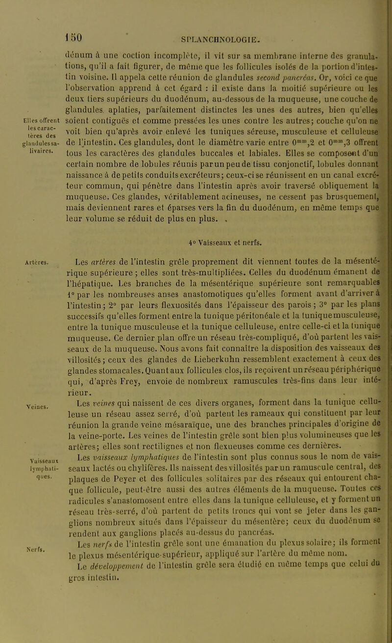 dt5num à une coclion incomplùte, il vit sur sa membrane interne des gianula- lions, qu'il a fait figurer, de mûriie que les follicules isolés de la portion d'intes- tin voisine. Il appela cette réunion de glandules second pancréas. Or, voici ce que l'observation apprend à cet égard : il existe dans la moitié supérieure ou les deux tiers supérieurs du duodénum, au-dessous de la muqueuse, unecoucbe de glandules. aplaties, parfaitement distinctes les unes des autres, bien qu'elles Elles oiTrent soient contiguës et comme pressées les unes contre les autres; couche qu'on ne tèrees ^^^^ qu'après avoir enlevé les tuniques séreuse, musculeuse et celluieuse gianduiessa- de Finteslin. Ces glandules, dont le diamètre varie entre 0,2 et 0,3 offrent hvaircs. ^Q^g jgg caractères des glandules buccales et labiales. Elles se compose*it d'un cerlain nombre de lobules réunis par un peu de tissu conjonctif, lobules donnant naissance à depetils conduits excréteurs; ceux-ci se réunissent en un canal excré- teur commun, qui pénètre dans l'intestin après avoir traversé obliquement la muqueuse. Ces glandes, véritablement acineuses, ne cessent pas brusquement, mais deviennent rares et éparses vers la fin du duodénum, en même temps que leur volume se réduit de plus en plus. , Veines. 4° Vaisseaux et nerfs. Artères. Les artères de l'inteslin grôle proprement dit viennent toutes de la mésenté- rique supérieure ; elles sont très-multipliées. Celles du duodénum émanent à&$ l'hépatique. Les branches de la mésentérique supérieure sont remarquables 1° par les nombreuses anses anastomotiques qu'elles forment avant d'arriver à l'intestin; 2° par leurs flexuosités dans l'épaisseur des parois; 3» par les plans successifs qu'elles forment entre la tunique péritonéale et la tuniquemusculeuse, entre la tunique musculeuse et la tunique celluieuse, entre celle-ci et la tunique muqueuse. Ce dernier plan offre un réseau très-compliqué, d'où partent les vais- seaux de la muqueuse. Nous avons fait connaître la disposition des vaisseaux des villosités; ceux des glandes de Lieberkuhn ressemblent exactement à ceux des-j glandes stomacales. Quant aux follicules clos, ils reçoivent un réseau périphérique qui, d'après Frey, envoie de nombreux ramuscules très-flns dans leur inté- rieur. Les veines qui naissent de ces divers organes, forment dans la tunique cellu- ieuse un réseau assez serré, d'où partent les rameaux qui conslitueni par leur réunion la grande veine mésaraïque, une des branches principales d'origine de la veine-porte. Les veines de l'intestin grêle sont bien plus volumineuses que les artères; elles sont rectilignes e.t non flexueuses comme ces dernières. Les vaisseaux lymphatiques de l'intestin sont plus connus sous le nom de vais- lyniphati- scaux lactés OU chylifèrcs. Us naissent des villosités par un ramuscule central, des plaques de Peyer et des follicules solitaires par des réseaux qui entourent cha- que follicule, peut-être aussi des autres éléments de la muqueuse. Toutes ces radicules s'anaslomosent entre elles dans la tunique celluieuse, et y forment un réseau très-serré, d'où parlent de petits Ironcs qui vont se jeler dans les gan- glions nombreux situés dans l'épaisseur du mésentère; ceux du duodénum se rendent aux ganglions placés au-dessus du pancréas. Les nerfs (\c l'intestin grêle sont une émanation du plexus solaire; ils forment le plexus méscntérique supéricur, appliqué sur l'artère du même nom. Le développement de l'intestin grêle sera étudié en même temps que celui du gros inlestin. Vaisseaux Nerfs.