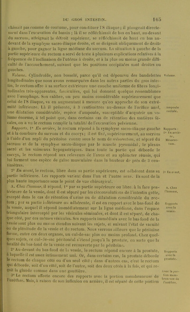 chissait pas couiiiie de coiiluiiio, pour coïK-itiUior I S iliaque ; il plougcait directe- menl dans l'excavalion du bassin ; là il se r(îfléchissail de bas en'baul, au-devanl du sacTuui, alleiguait le détroit supérieur, se réfléchissait de haut en bas au- devant delà syiiipliyso sacro-iliaque droite, et se dirigeait obliquement de droite ù gauche, pour gagner la ligne médiane du saciuin. La silualion à gauche de la partie supérieure du rectum a servi de texte à plusieurs explicalions relatives à la l'iéquence de l'inclinaison de l'utérus à droite, ef à la plus ou moins grande diffi- culté de l'accouchemenf, suivant que les positions occipitales sont droites ou gauches. Vulume. Cyliudroïde, non bosselé, parce qu'il est dépourvu des bandeletles longitudinales que nous avons remarquées dans les autres parties du gros inte.-- lin, le reclum offre ;\ sa surface extérieure une couche uniforme de fibres lonui- ludinalcs (rès-apparentes, fasciculées, qui lui donnent quelque ressemblance avec l'œsophage. Sun calibre, un peu moins considérable supérieurement que celui de l'S iliaque, va en augmentant à mesure qu'on approche de son extré- mité inférieure. Là il présente, à 3 centimètres au-dessus de l'orifice annl, une dilatation considérable, espèce d'ampoule, susceptible d'acquérir un vo- lume énorme, à tel point que, dans certains cas de rétention des matières fé- cales, on a vu le rectum remplir la totalité de l'excavation pelvienne. Rapporls. 1 En arrière, le reclum répond à la symphyse saci-o-iliaque gauche et à la courbure du sacrum et du coccyx; il est fixé, supérieurement, au sacrum à l'aide d'un repli du péritoine connu sous le nom da mésoreclum, et séparé du sacrum et de la symphyse sacro-iliaque par le muscle pyramidal, le plexus sacré et les vaisseaux hypogasiriques. Dans toute la partie qui déborde le coccyx, le rectum répond aux leleveurs de l'anus et au sphincter réunis, qui lui forment une espèce de gaîne musculaire dans la hauteur de près de 3 cen- limètres. 2 En avant, le rectum, libre dans sa parlie supérieure, esl adhéient dans sa partie inférieure. Les rapports varient dans l'un et l'autre sexe. Ils sont de la plus haute importance sous le point de vue chirurgical. A. Chez l'homnip, il répond.. 1» par sa partie supérieure ou libre, à la face pos- térieure de la vessie, dont il est séparé par les circonvolutions de l'intestin grêle, excepté dans le cas de rétention d'urine ou de dilatation considérable du rec- tum ; p ir sa partie inférieure ou adhérente, il est en rapport-avec le bas-fond de la vessie, auquel il répond immédiatement sur la ligne médiane, dans l'espace triangulaire intercepté par les vésicules séminales, et dont il est séparé, de cha- que côté, par ces mêmes vésicules. Ses rapports immédiats avec le bas-fond de la vessie sont plus ou moins étendus suivant les sujets, et suivant l'état de vacuité ou de plénilude de la vessie et du rectum. Nous verrons ailleurs que le péritoine forme, entre ces deux organes, un cul-de-sac plus ou moins profond. Chez quel- ques sujets, ce cul-:]e-sac péritonéal s'étend jusqu'à la prostule, en sorte que la lolalité du Ins-fond de la vessie est recouverte par le péritoine. •2 Au-devant fin bas-fond de li vessie, le rectum répond encore à la proslale, i laquelle il est assez intimement uni. Or, dans certains cas, la prostate déborde le rectum de chaque côté ou d'un seul côté ; dans d'autres cas, c'est le rectum qui déborde, soit d'un côté, soit de l'autre, soit des deux côtés à la l'ois, et qui re- çoit la glande comme dans une gouttière. 3 Le rectum alVecte encore des rapports avec la poi ti(ni membraneuse de l'urèthre. Mais, à raison de son inflexion en arrière, il est séparé de celle portion Volume. .Ampoule i-eclale. Rapports : i lu avriè- l'e, Mcsorec- I u m. 2 En avant. A. Cliez l'homme, Itiippoi Is avec la vessie. U.'ipporls avec la prostate. Avec la por- tion niL-m- lir.'iiii-iise (le l'uièlliro.