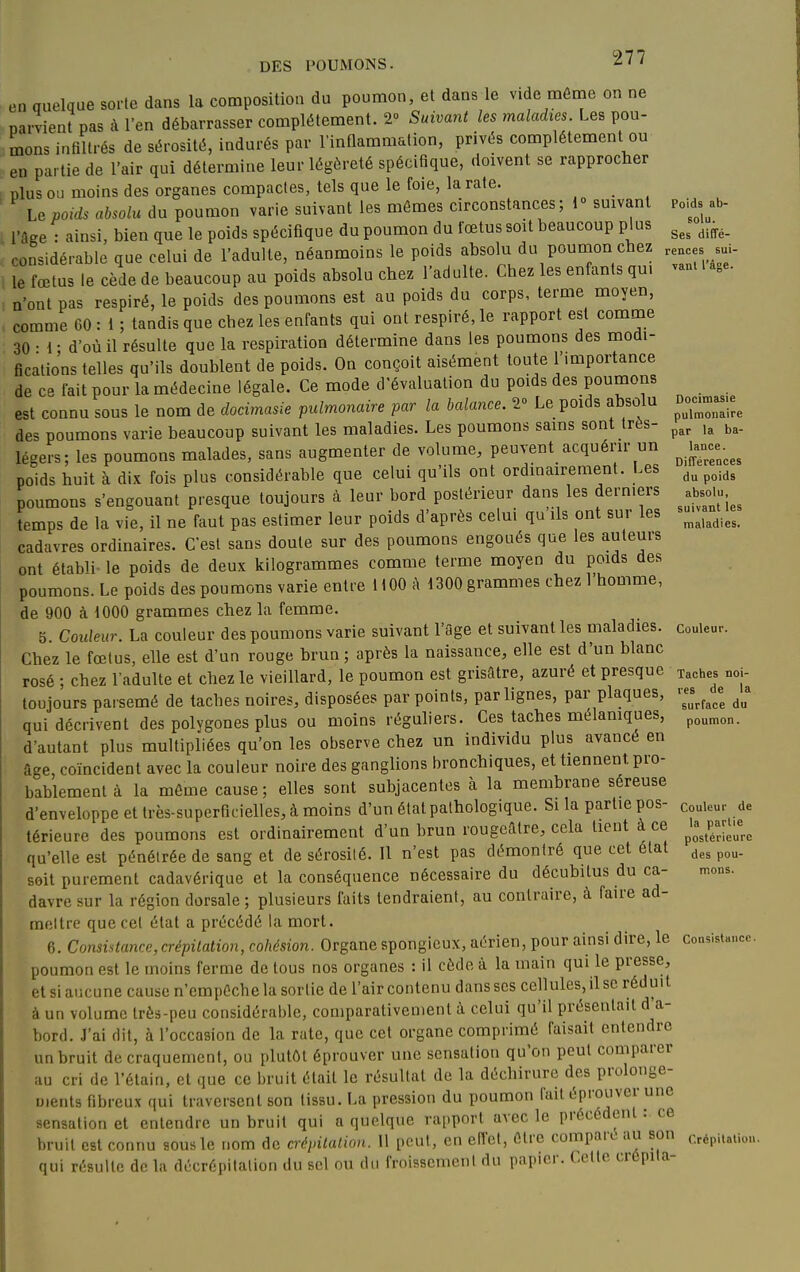 en quelque sorte dans la composition du poumon, et dans le vide môaie on ne narvient pas à l'en débarrasser complètement. 2» Suivaiit les maladies. Les pou- mons infiltrés de sérosité, indurés par l'inflammation, privés complètement ou en partie de l'air qui détermine leur légèreté spécifique, doivent se rapprocher plusoLimoinsdesorganescompacles, tels que le foie, la rate. Le poids absolu du poumon varie suivant les mômes circonstances; 1° suivant l'âge : ainsi, bien que le poids spécifique du poumon du fœtus soit beaucoup plus considérable que celui de l'adulte, néanmoins le poids absolu du poumon chez le fœtus le cède de beaucoup au poids absolu chez l'adulte. Chez les enfants qu. n'ont pas respiré, le poids des poumons est au poids du corps, terme moyen, comme 60 : 1 ; tandis que chez les enfants qui ont respiré, le rapport est comme 30 • 1 ; d'où il résulte que la respiration détermine dans les poumons des modi- fications telles qu'ils doublent de poids. On conçoit aisément toute 1 miportance de ce fait pour la médecine légale. Ce mode d'évaluation du poids des poumons est connu sous le nom de docimasie pulmonaire par la balance. 2° Le poids absolu des poumons varie beaucoup suivant les maladies. Les poumons sains sont très- légers; les poumons malades, sans augmenter de volume, peuvent acquérir un poids huit à dix fois plus considérable que celui qu'ils ont ordinairement. Les poumons s'engouant presque toujours à leur bord postérieur dans les derniers temps de la vie, il ne faut pas estimer leur poids d'après celui qu'ils ont sur les cadavres ordinaires. C'est sans doute sur des poumons engoués que les auteurs ont établi- le poids de deux kilogrammes comme terme moyen du poids des poumons. Le poids des poumons varie entre HOC A 1300 grammes chez 1 homme, de 900 à 1000 grammes chez la femme. 5 Couleur. La couleur des poumons varie suivant l'âge et suivant les maladies. Chez le fœtus, elle est d'un rouge brun ; après la naissance, elle est d'un blanc rosé ; chez l'adulte et chez le vieillard, le poumon est grisâtre, azuré et presque toujours parsemé de taches noires, disposées par points, par lignes, par plaques, qui décrivent des polygones plus ou moins réguliers. Ces taches mélaniques, d'autant plus multipliées qu'on les observe chez un individu plus avancé en âge, coïncident avec la couleur noire des ganglions bronchiques, et tiennent pro- bablement à la même cause; elles sont subjacentes à la membrane séreuse d'enveloppe et très-superficielles, à moins d'un état pathologique. Si la partie pos- térieure des poumons est ordinairement d'un brun rougeâtre, cela tient à ce qu'elle est pénétrée de sang et de sérosité. Il n'est pas démontré que cet état soit purement cadavérique et la conséquence nécessaire du décubitus du ca- davre sur la région dorsale ; plusieurs laits tendraient, au contraire, à faire ad- mettre que cet état a précédé la mort. 6. Consistance, crépitation, cohésion. Organe spongieux, aérien, pour ainsi dire, le poumon est le moins ferme de tous nos organes : il cède à la main qui le presse, et si aucune cause n'cmpCche la sortie de l'air contenu dans ses cellules, il se réduit à un volume très-peu considérable, coniparativenient à celui qu'il présentait d'a- bord. J'ai dit, à l'occasion de la rate, que cet organe comprimé faisait entendre un bruit de craquement, ou plutôt éprouver une sensation qu'on peut comparer au cri de l'étain, et que ce bruit était le résultat de la déchirure des prolonge- ments fibreux qui traversent son tissu. La pression du poumon fait éprouver une sensation et entendre un bruit qui a quelque rapport avec le précédent : ce bruit est connu sous le nom de crépitalion. 11 peut, en eiïct, être compare au son qui résulte de la décrôpitation du sel ou du froissenicnl du papier. Celte crépita- Poids ab- solu. Ses diffé- rences sui- vant l'âge. Docimasie pulmonaire par la ba- lance. Différences du poids absolu, suivant les maladies. Couleur. Taches noi- res de la surface du poumon. Couleur de la partie postérieure des pou- mons. Consistance. Crépitation.