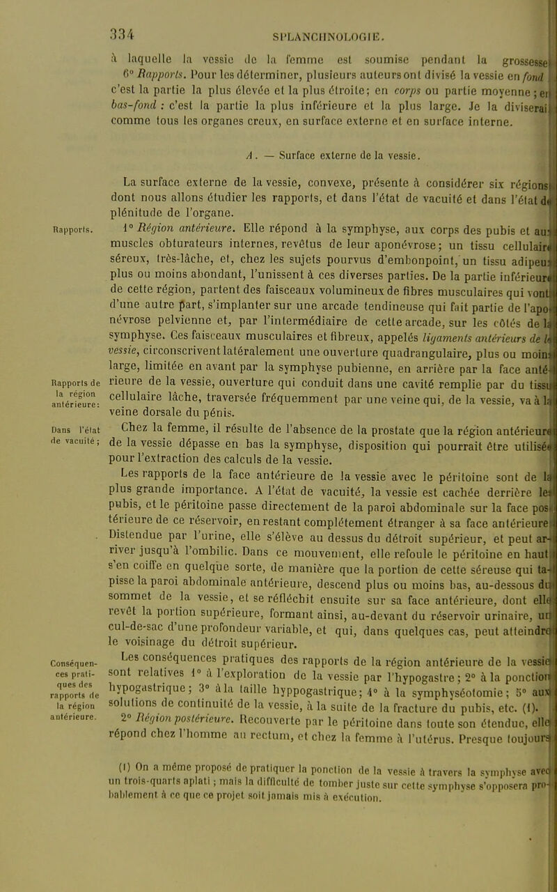 ;\ laquelle la vessie de la l'emme est soumise pendant la grossesseï Rapports. Pour les déterminer, plusieurs auteurs ont divisé la vessie en fond c'est la partie la plus élevée et la plus étroite; en corps ou partie moyenne ;ei( bas-fond : c'est la partie la plus inférieure et la plus large. Je la diviserai) comme tous les organes creux, en surface externe et en surface interne. /). — Surface externe de la vessie. Rapports. Rapports de la région antérieure: Dans l'état de vacuité ; Conséquen- ces prati- ques des rapports de la région antérieure. La surface externe de la vessie, convexe, présente k considérer six régie: dont nous allons étudier les rapports, et dans l'état de vacuité et dans l'élal plénitude de l'organe. {Région antérieure. Elle répond à la symphyse, aux corps des pubis et a muscles obturateurs internes, revêtus de leur aponévrose; un tissu cellulo séreux, Irès-làche, et, chez les sujets pourvus d'embonpoint,'un tissu adip. plus ou moins abondant, l'unissent à ces diverses parties. De la partie inférici, de cette région, partent des faisceaux volumineux de fibres musculaires qui vo d'une autre fart, s'implanter sur une arcade tendineuse qui fait partie de l'a; névrose pelvienne et, par l'intermédiaire de cette arcade, sur les côtés de symphyse. Ces faisceaux musculaires et fibreux, appelés ligaments antérieurs de It^ vessie, circonscrivent latéralement une ouverture quadrangulaire, plus ou moin large, limitée en avant par la symphyse pubienne, en arrière par la face anté rieure de la vessie, ouverture qui conduit dans une cavité remplie par du tissi cellulaire lâche, traversée fréquemment par une veine qui, de la vessie, vaàli veine dorsale du pénis. Chez la femme, il résulte de l'absence de la prostate que la région antérieur* de la vessie dépasse en bas la symphyse, disposition qui pourrait être utilisée pour l'extraction des calculs de la vessie. Les rapports de la face antérieure de la vessie avec le péritoine sont de 1î plus grande importance. A l'état de vacuité, la vessie est cachée derrière la pubis, et le péritoine passe directement de la paroi abdominale sur la face pos térieure de ce réservoir, en restant complètement étranger à sa face antérieure Distendue par l'urine, elle s'élève au dessus du détroit supérieur, et peut ar river jusqu'à l'ombilic. Dans ce mouvement, elle refoule le péritoine en haut s'en coiffe en quelqije sorte, de manière que la portion de cette séreuse qui ta- pisse la paroi abdominale antérieure, descend plus ou moins bas, au-dessous di sommet de la vessie, et se réfléchit ensuite sur sa face antérieure, dont eiU revêt la portion supérieure, formant ainsi, au-devant du réservoir urinaire, m cul-de-sac d'une profondeur variable, et qui, dans quelques cas, peut atteindrt le voisinage du détroit supérieur. Les conséquences pratiques des rapports de la région antérieure de la vessie sont relatives i à l'exploration de la vessie par l'hypogastre ; 2» à la ponctior hypogastrique; 3° à la taille hyppogastrique; 4» à la symphvséolomie ; 5° ausf solutions de continuité de la vessie, à la suite de la fracture du pubis, etc. (1). I 2° Regwn postérieure. Recouverte par le péritoine dans toute son étendue, c répond chez l'homme au rectum, ot chez la femme à l'utérus. Presque toujours- (I) On a même proposé de pratiquer la ponction de la vessie à travers la symphvse are un trois-quarts aplati ; mais la flifflcultc de tomber juste sur cette symphvse s'opposera pm baMement A ce que ce projet soit jamais mis h exécution.